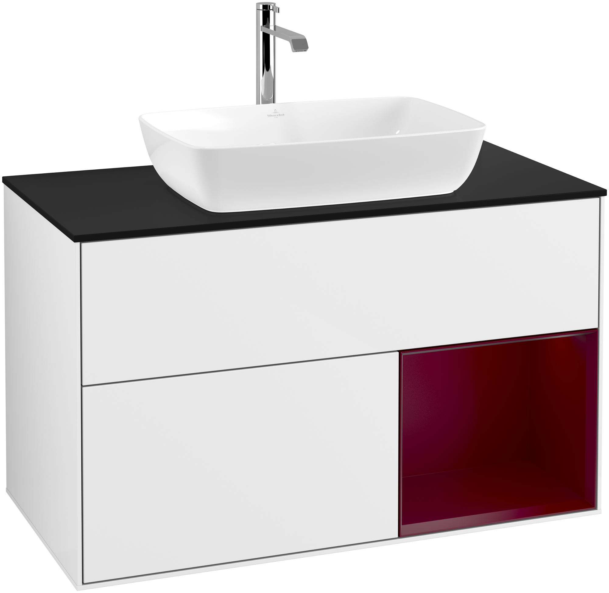 Villeroy & Boch Finion Vanity unit, with lighting, 2 pull-out compartments, 1000x603x501mm, Body: Glossy White Lacquer, Front: Glossy White Lacquer, Shelf: Peony Matt Lacquer, Cover plate: Glass Black Matt