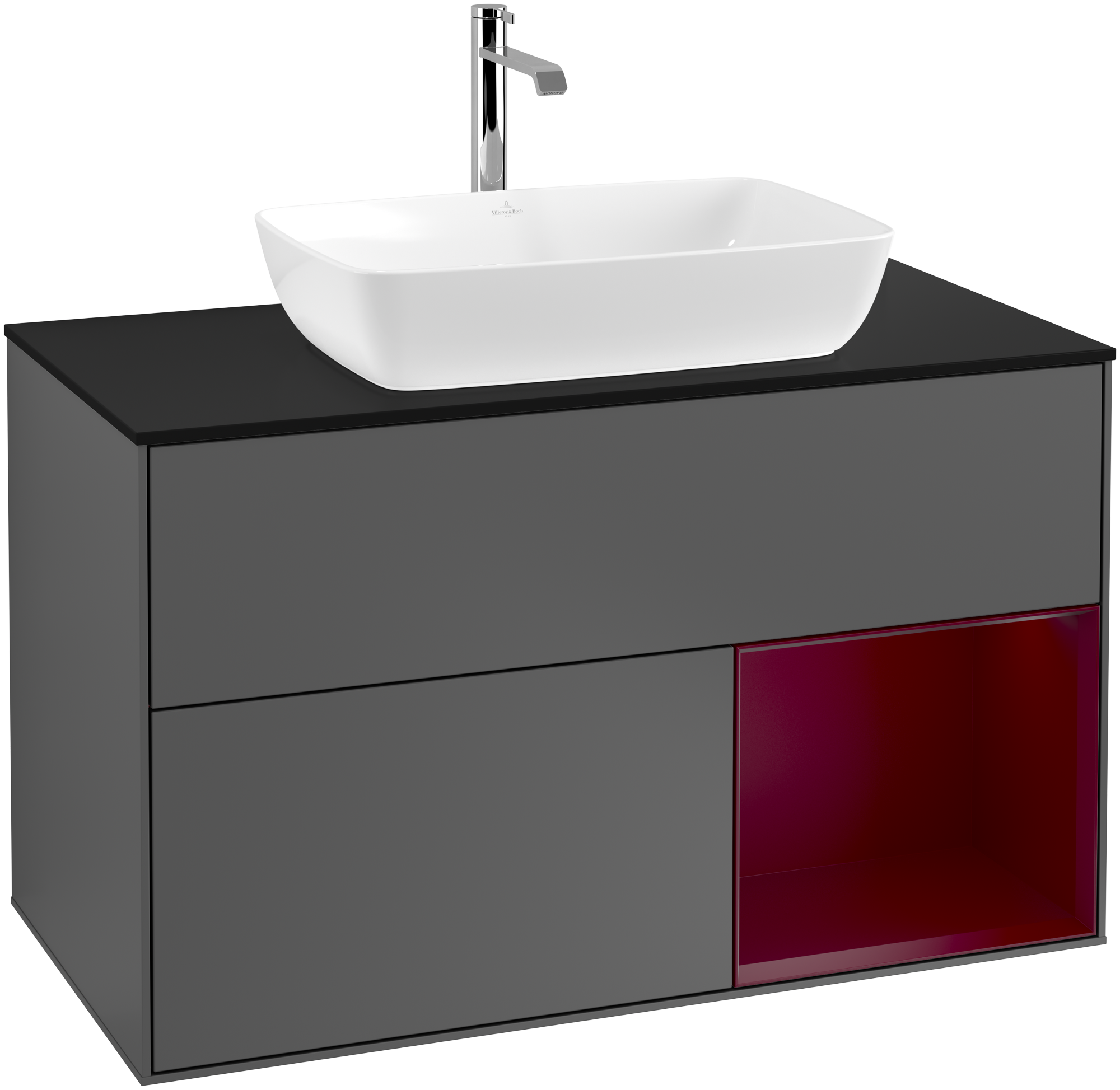 Villeroy & Boch Finion Vanity unit, with lighting, 2 pull-out compartments, 1000x603x501mm, Body: Anthracite Matt Lacquer, Front: Anthracite Matt Lacquer, Shelf: Peony Matt Lacquer, Cover plate: Glass Black Matt