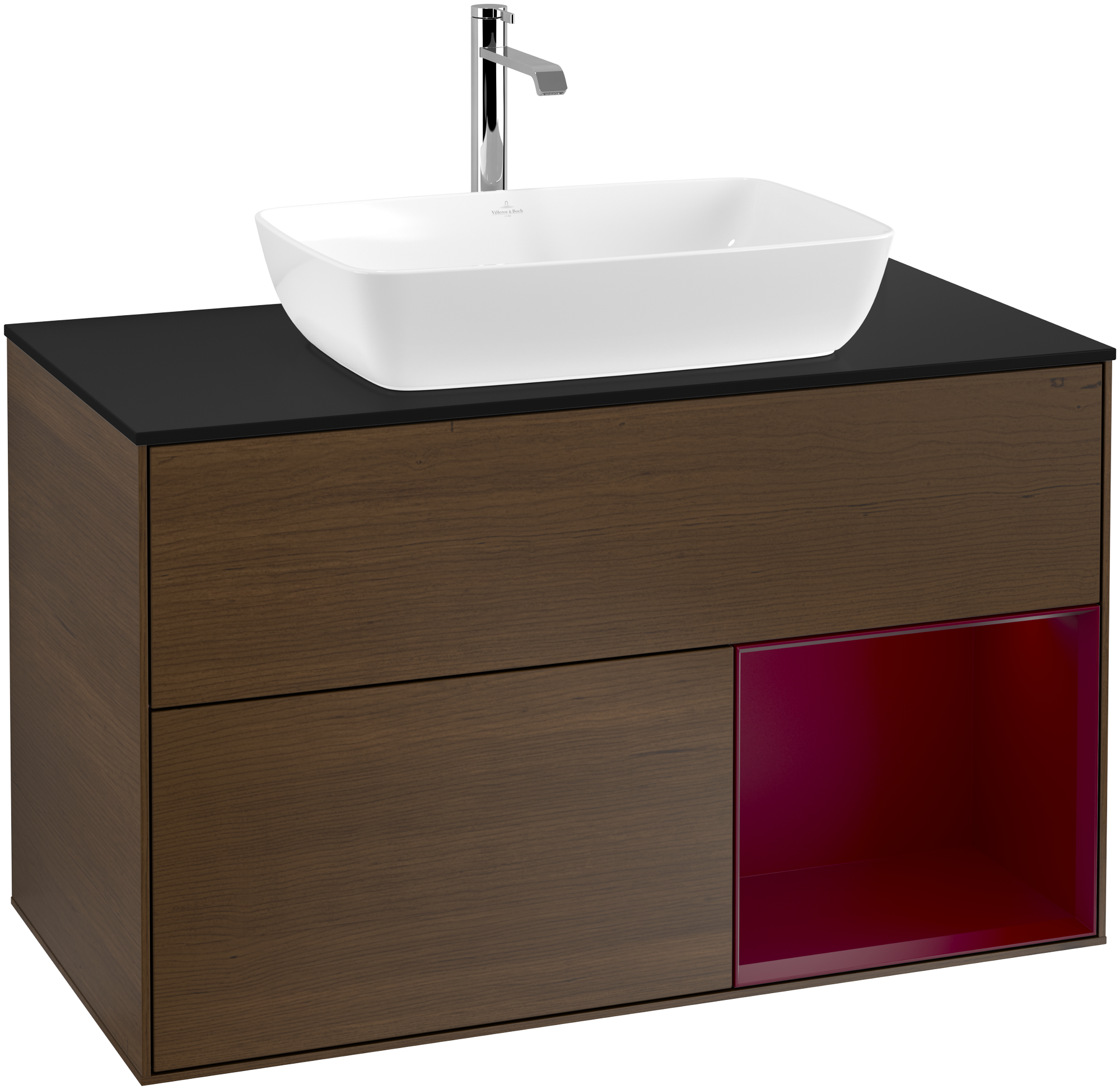 Villeroy & Boch Finion Vanity unit, with lighting, 2 pull-out compartments, 1000x603x501mm, Body: Walnut Veneer, Front: Walnut Veneer, Shelf: Peony Matt Lacquer, Cover plate: Glass Black Matt