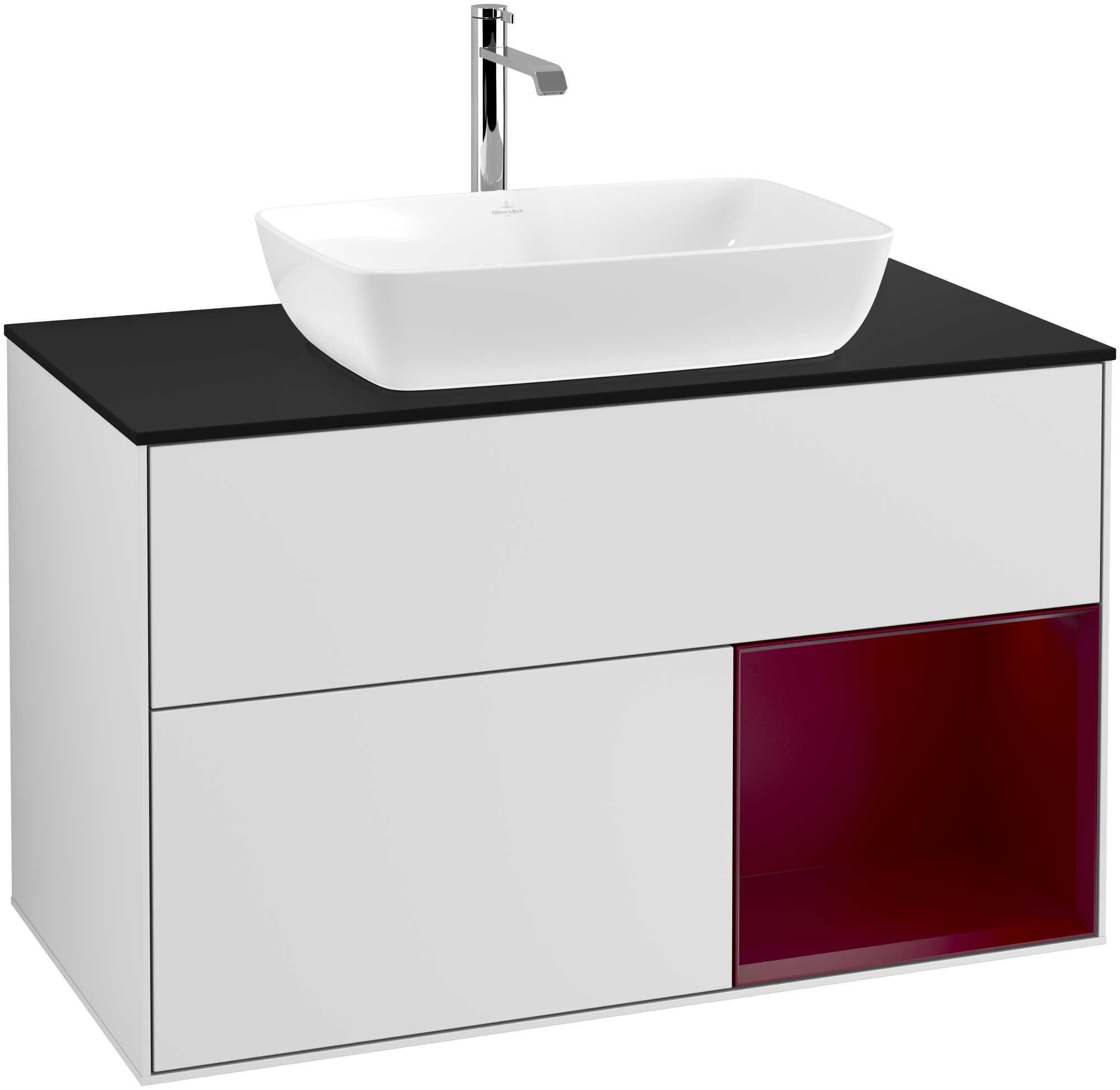 Villeroy & Boch Finion Vanity unit, with lighting, 2 pull-out compartments, 1000x603x501mm, Body: White Matt Lacquer, Front: White Matt Lacquer, Shelf: Peony Matt Lacquer, Cover plate: Glass Black Matt