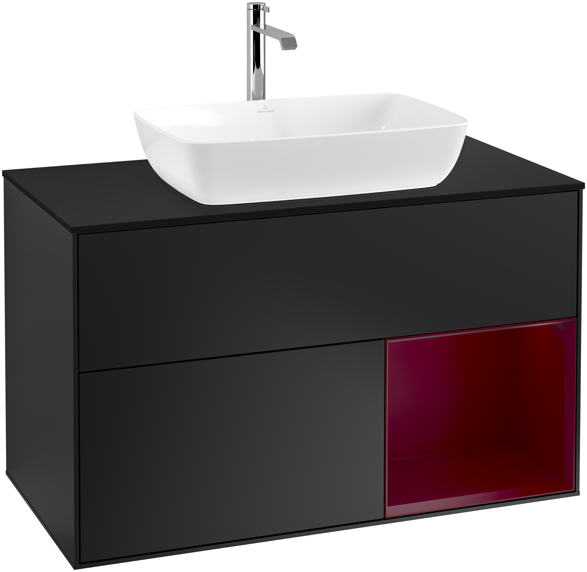 Villeroy & Boch Finion Vanity unit, with lighting, 2 pull-out compartments, 1000x603x501mm, Body: Black Matt Lacquer, Front: Black Matt Lacquer, Shelf: Peony Matt Lacquer, Cover plate: Glass Black Matt