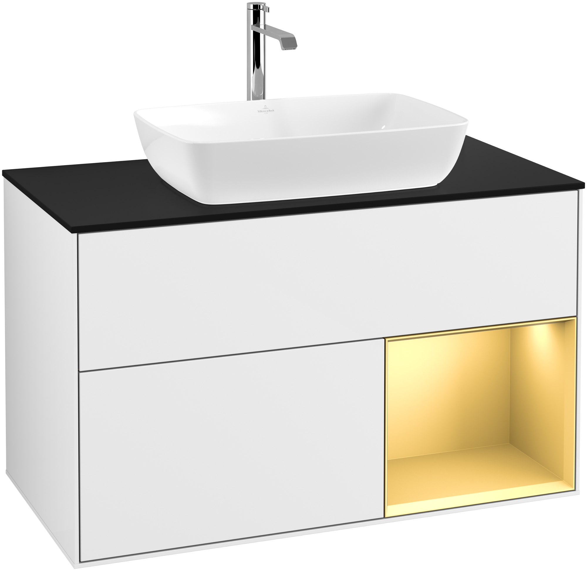 Villeroy & Boch Finion Vanity unit, with lighting, 2 pull-out compartments, 1000x603x501mm, Body: Glossy White Lacquer, Front: Glossy White Lacquer, Shelf: Gold Matt Lacquer, Cover plate: Glass Black Matt