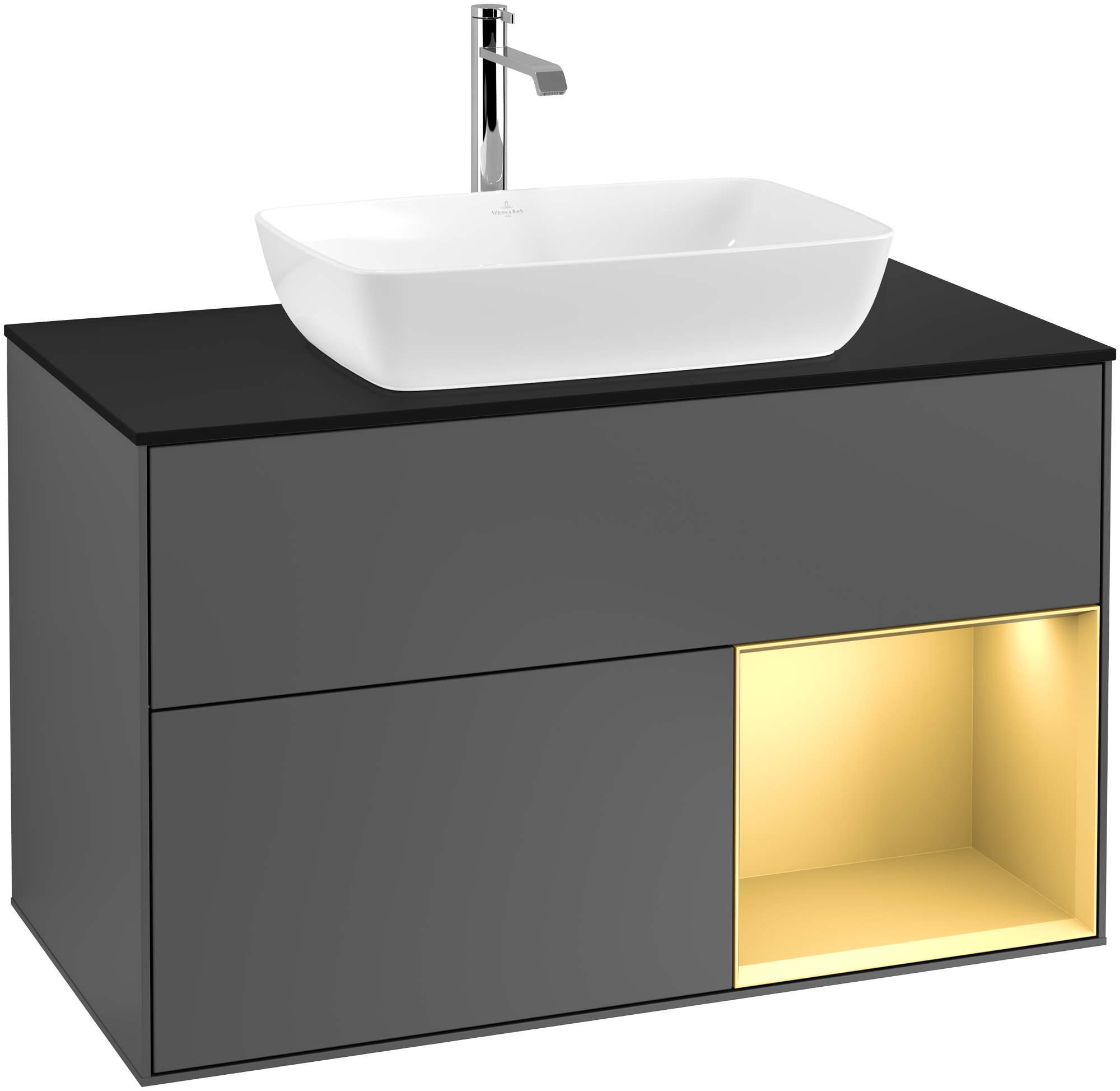Villeroy & Boch Finion Vanity unit, with lighting, 2 pull-out compartments, 1000x603x501mm, Body: Anthracite Matt Lacquer, Front: Anthracite Matt Lacquer, Shelf: Gold Matt Lacquer, Cover plate: Glass Black Matt