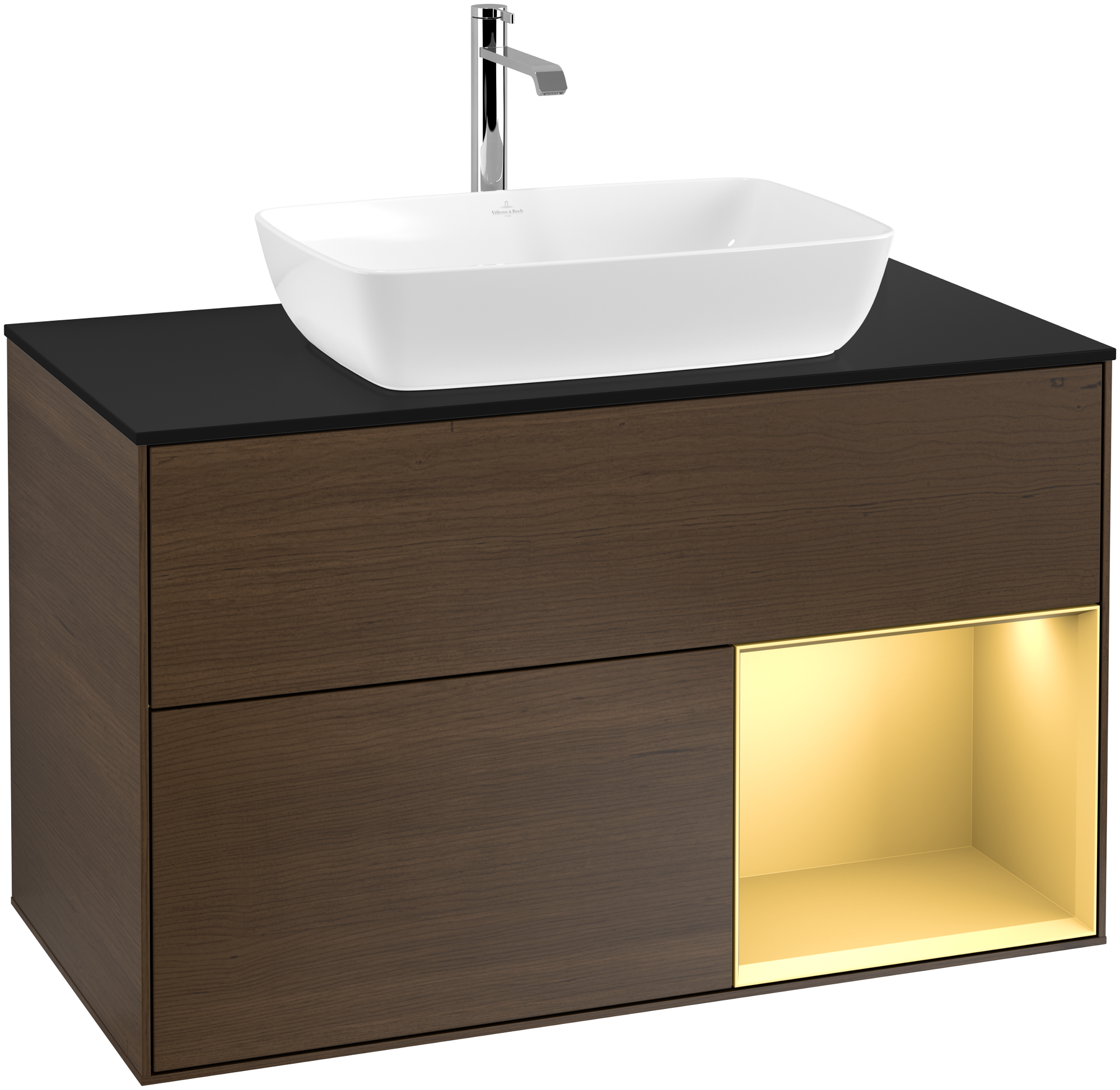 Villeroy & Boch Finion Vanity unit, with lighting, 2 pull-out compartments, 1000x603x501mm, Body: Walnut Veneer, Front: Walnut Veneer, Shelf: Gold Matt Lacquer, Cover plate: Glass Black Matt