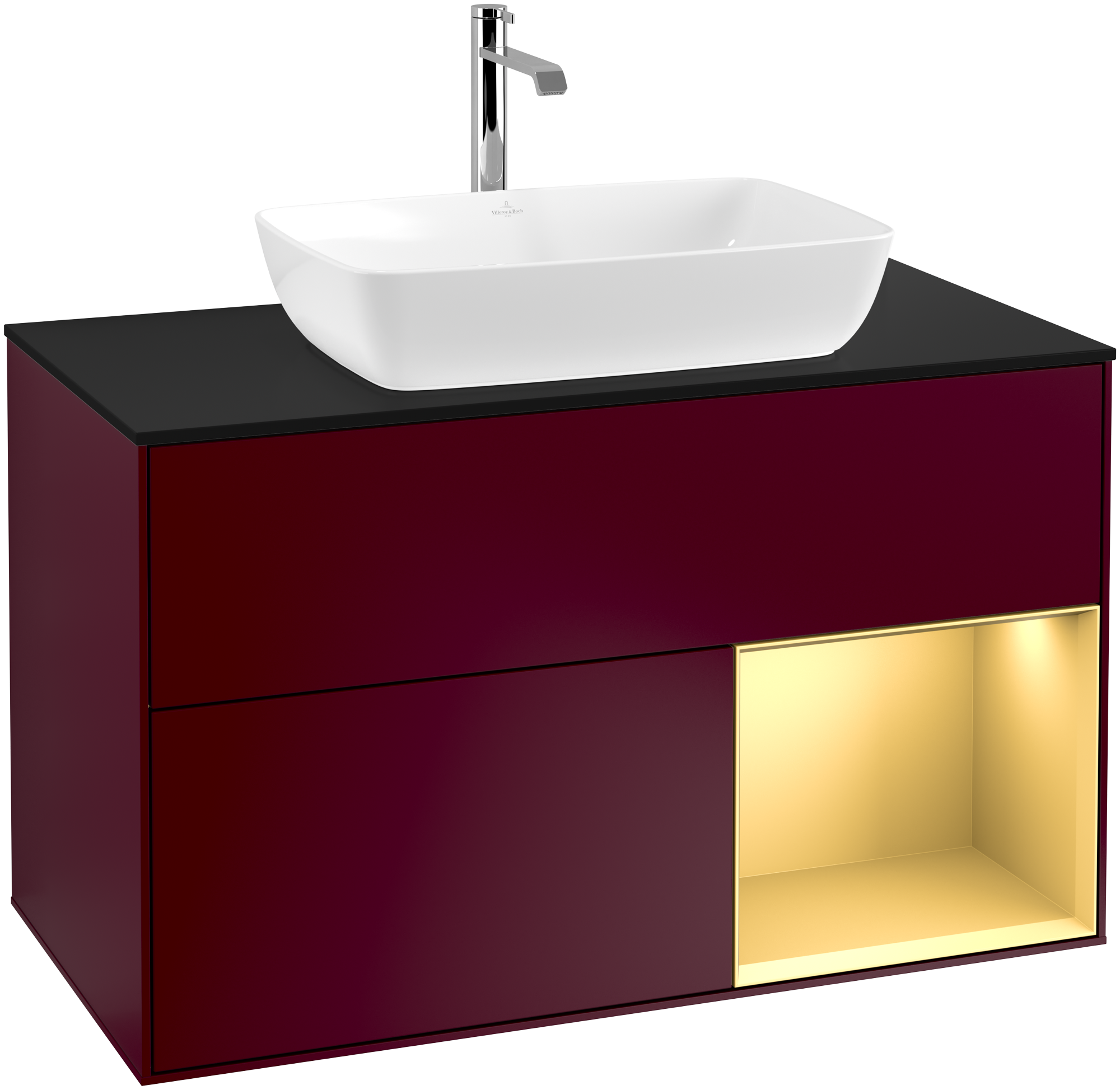 Villeroy & Boch Finion Vanity unit, with lighting, 2 pull-out compartments, 1000x603x501mm, Body: Peony Matt Lacquer, Front: Peony Matt Lacquer, Shelf: Gold Matt Lacquer, Cover plate: Glass Black Matt