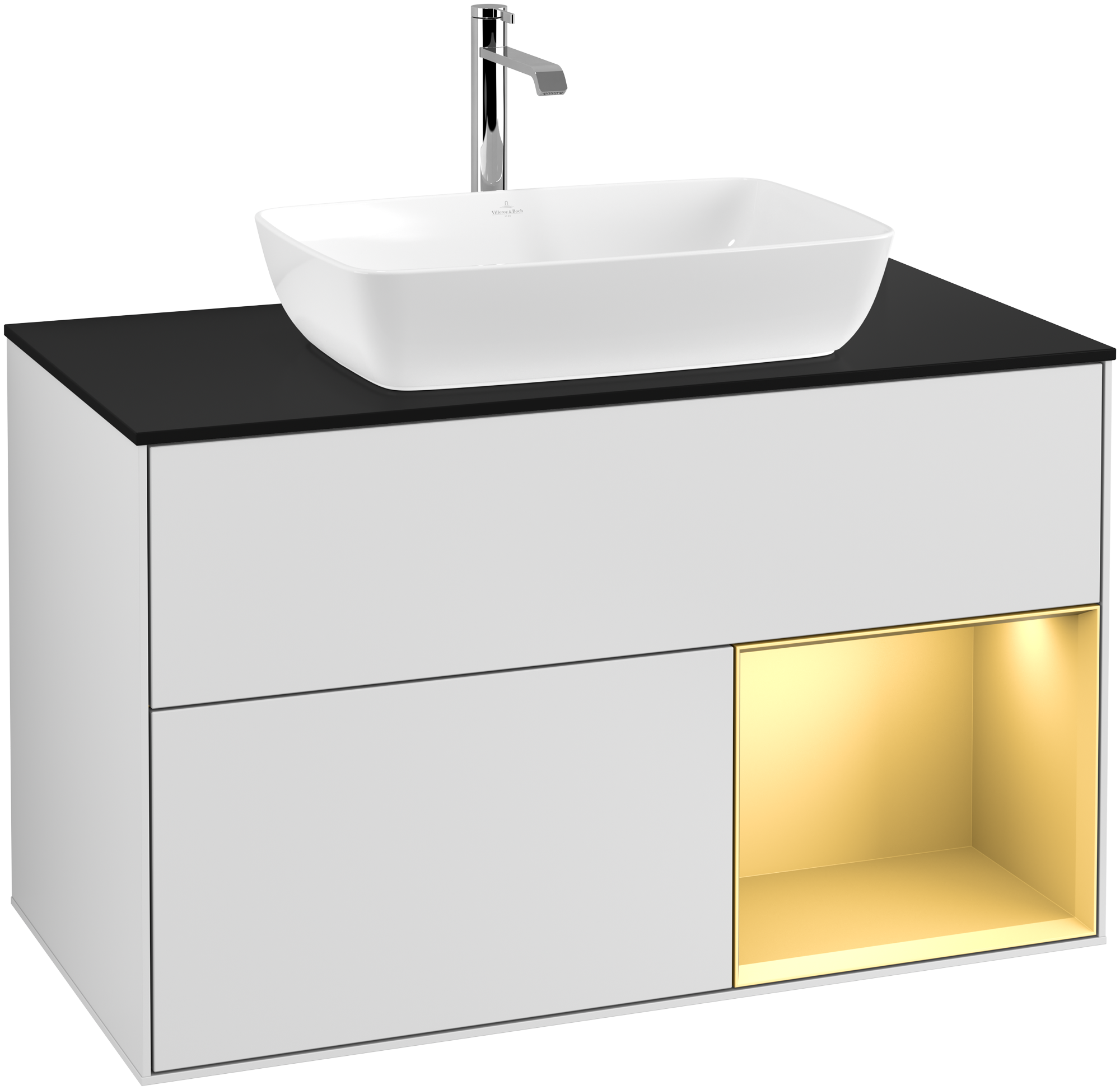 Villeroy & Boch Finion Vanity unit, with lighting, 2 pull-out compartments, 1000x603x501mm, Body: White Matt Lacquer, Front: White Matt Lacquer, Shelf: Gold Matt Lacquer, Cover plate: Glass Black Matt