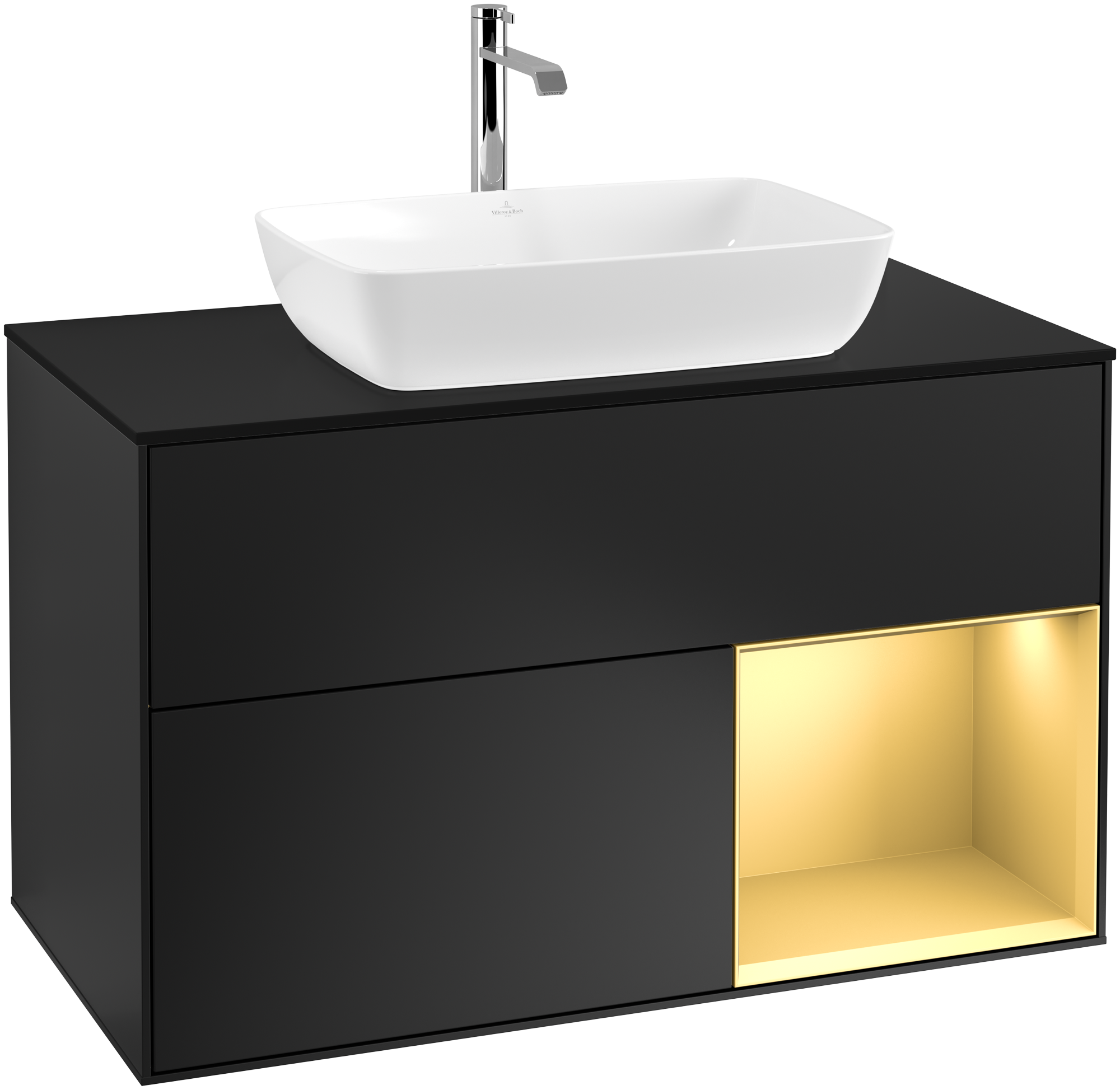 Villeroy & Boch Finion Vanity unit, with lighting, 2 pull-out compartments, 1000x603x501mm, Body: Black Matt Lacquer, Front: Black Matt Lacquer, Shelf: Gold Matt Lacquer, Cover plate: Glass Black Matt