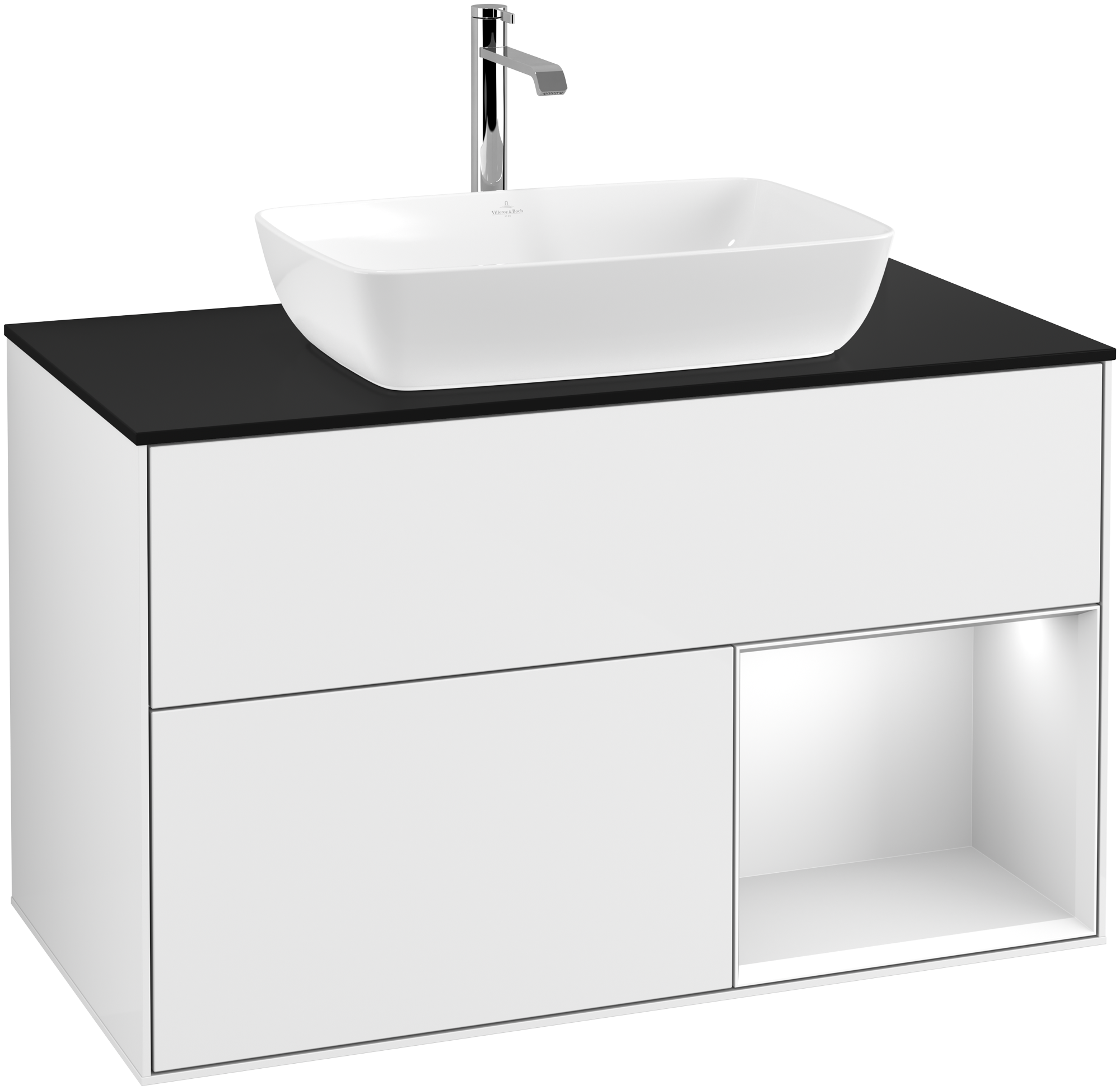 Villeroy & Boch Finion Vanity unit, with lighting, 2 pull-out compartments, 1000x603x501mm, Body: Glossy White Lacquer, Front: Glossy White Lacquer, Shelf: White Matt Lacquer, Cover plate: Glass Black Matt