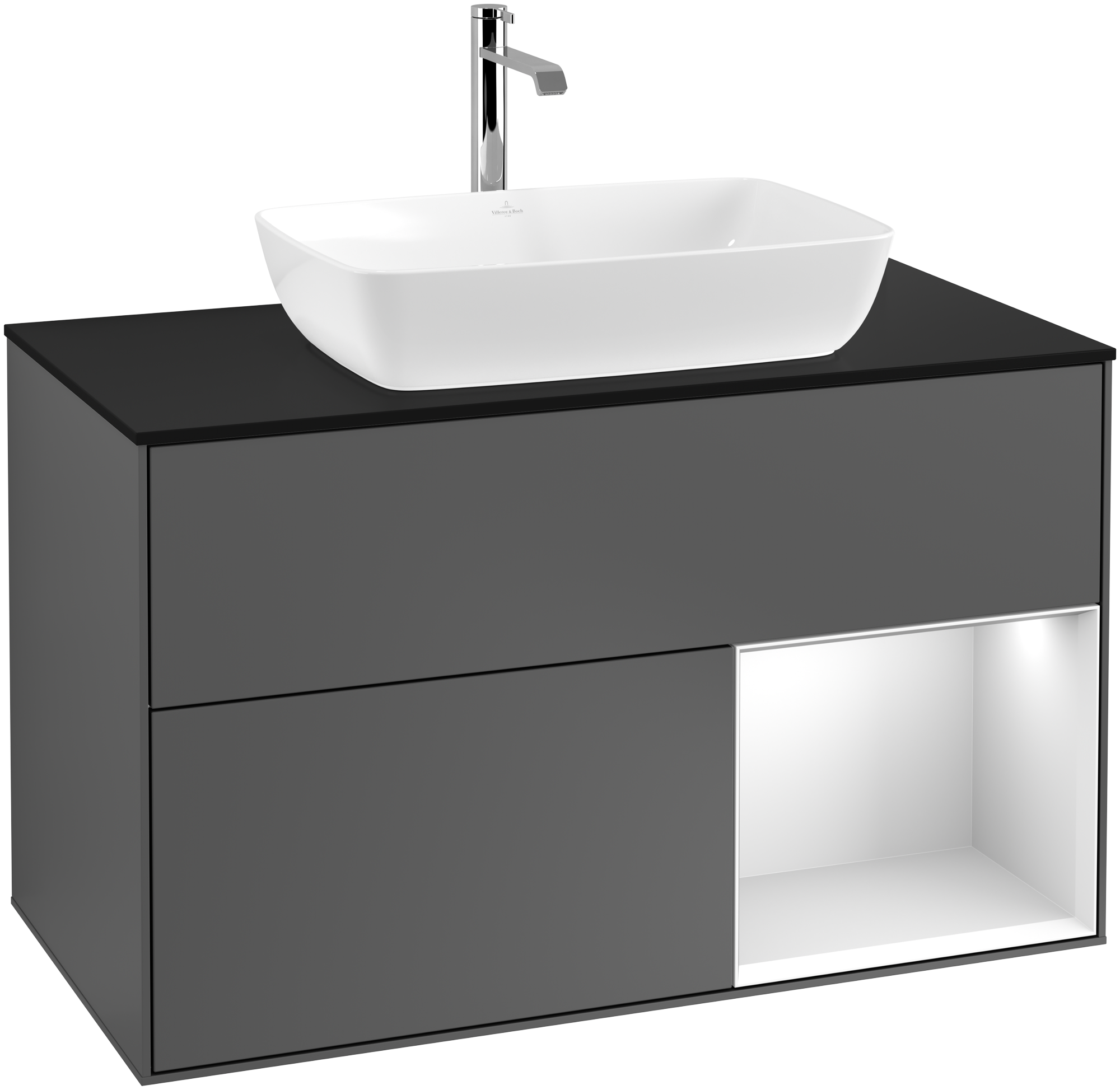 Villeroy & Boch Finion Vanity unit, with lighting, 2 pull-out compartments, 1000x603x501mm, Body: Anthracite Matt Lacquer, Front: Anthracite Matt Lacquer, Shelf: White Matt Lacquer, Cover plate: Glass Black Matt