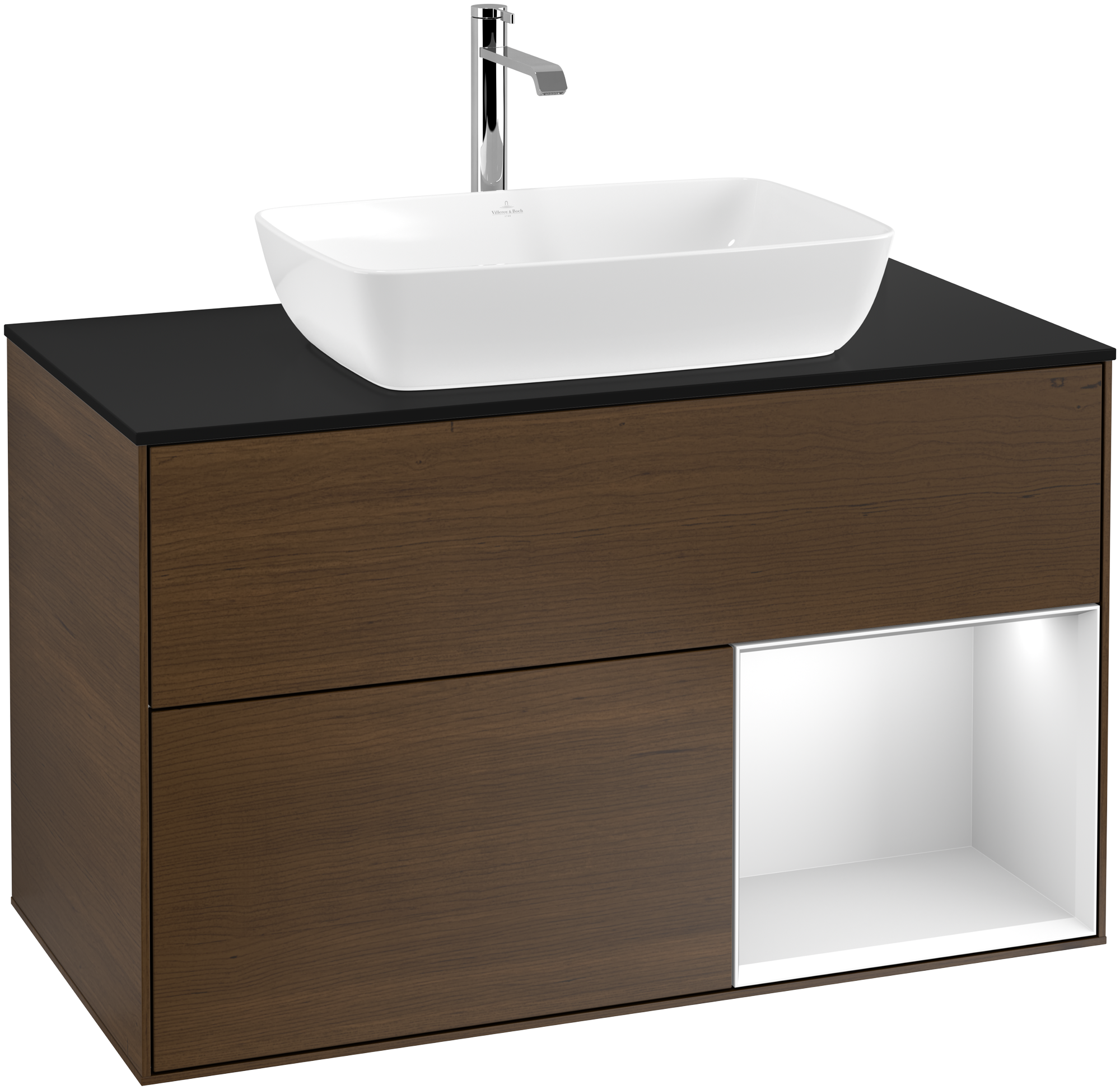 Villeroy & Boch Finion Vanity unit, with lighting, 2 pull-out compartments, 1000x603x501mm, Body: Walnut Veneer, Front: Walnut Veneer, Shelf: White Matt Lacquer, Cover plate: Glass Black Matt