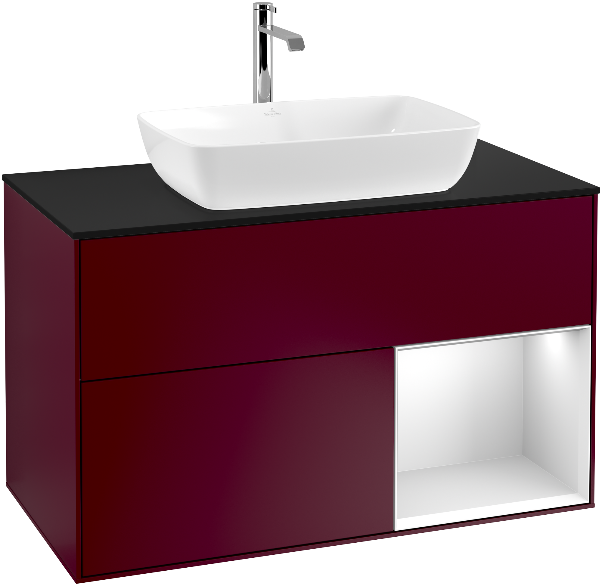 Villeroy & Boch Finion Vanity unit, with lighting, 2 pull-out compartments, 1000x603x501mm, Body: Peony Matt Lacquer, Front: Peony Matt Lacquer, Shelf: White Matt Lacquer, Cover plate: Glass Black Matt
