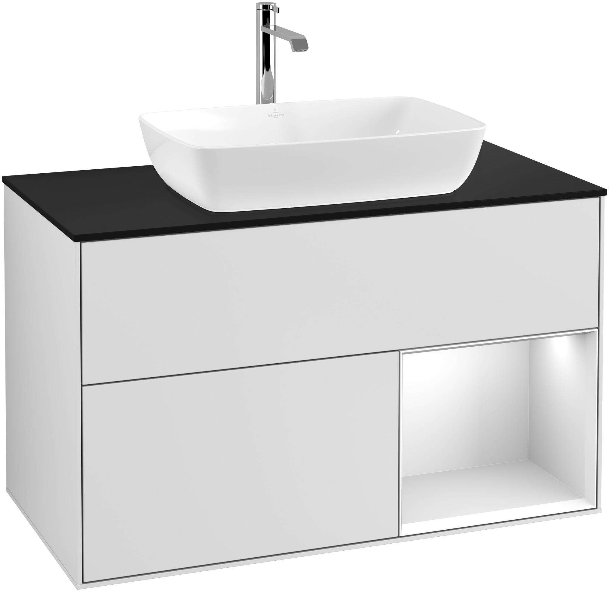 Villeroy & Boch Finion Vanity unit, with lighting, 2 pull-out compartments, 1000x603x501mm, Body: White Matt Lacquer, Front: White Matt Lacquer, Shelf: White Matt Lacquer, Cover plate: Glass Black Matt