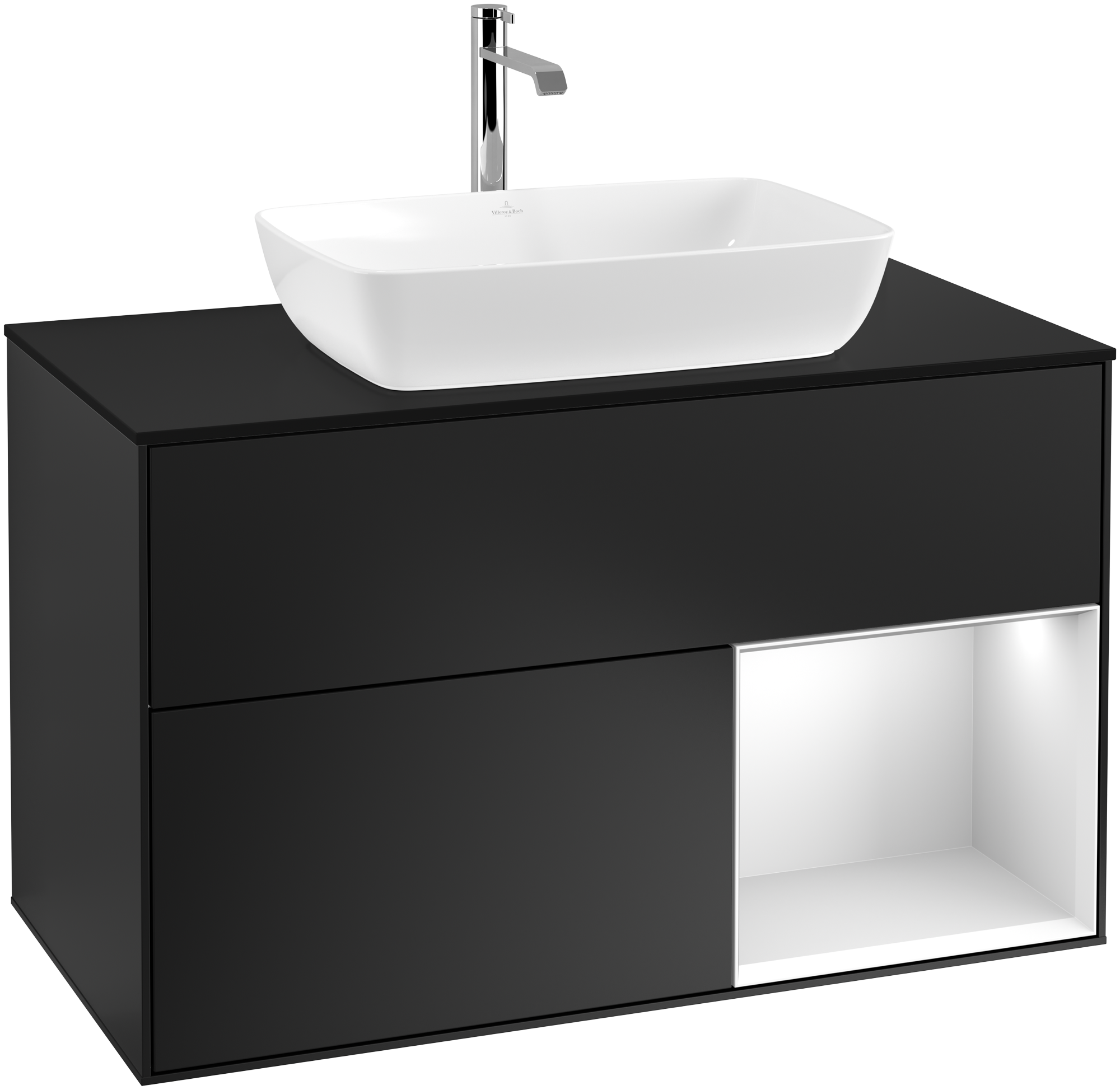 Villeroy & Boch Finion Vanity unit, with lighting, 2 pull-out compartments, 1000x603x501mm, Body: Black Matt Lacquer, Front: Black Matt Lacquer, Shelf: White Matt Lacquer, Cover plate: Glass Black Matt