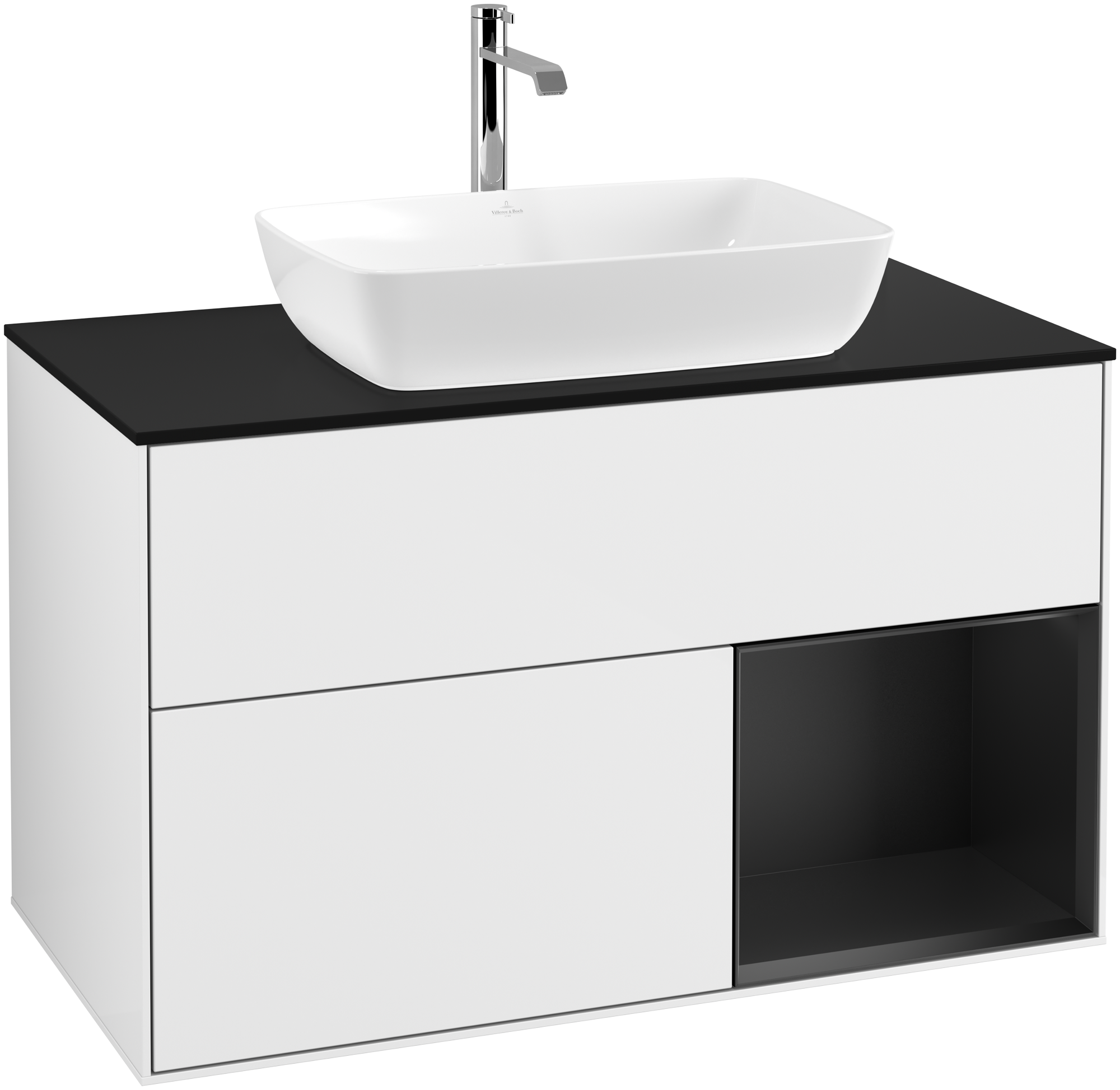 Villeroy & Boch Finion Vanity unit, with lighting, 2 pull-out compartments, 1000x603x501mm, Body: Glossy White Lacquer, Front: Glossy White Lacquer, Shelf: Black Matt Lacquer, Cover plate: Glass Black Matt
