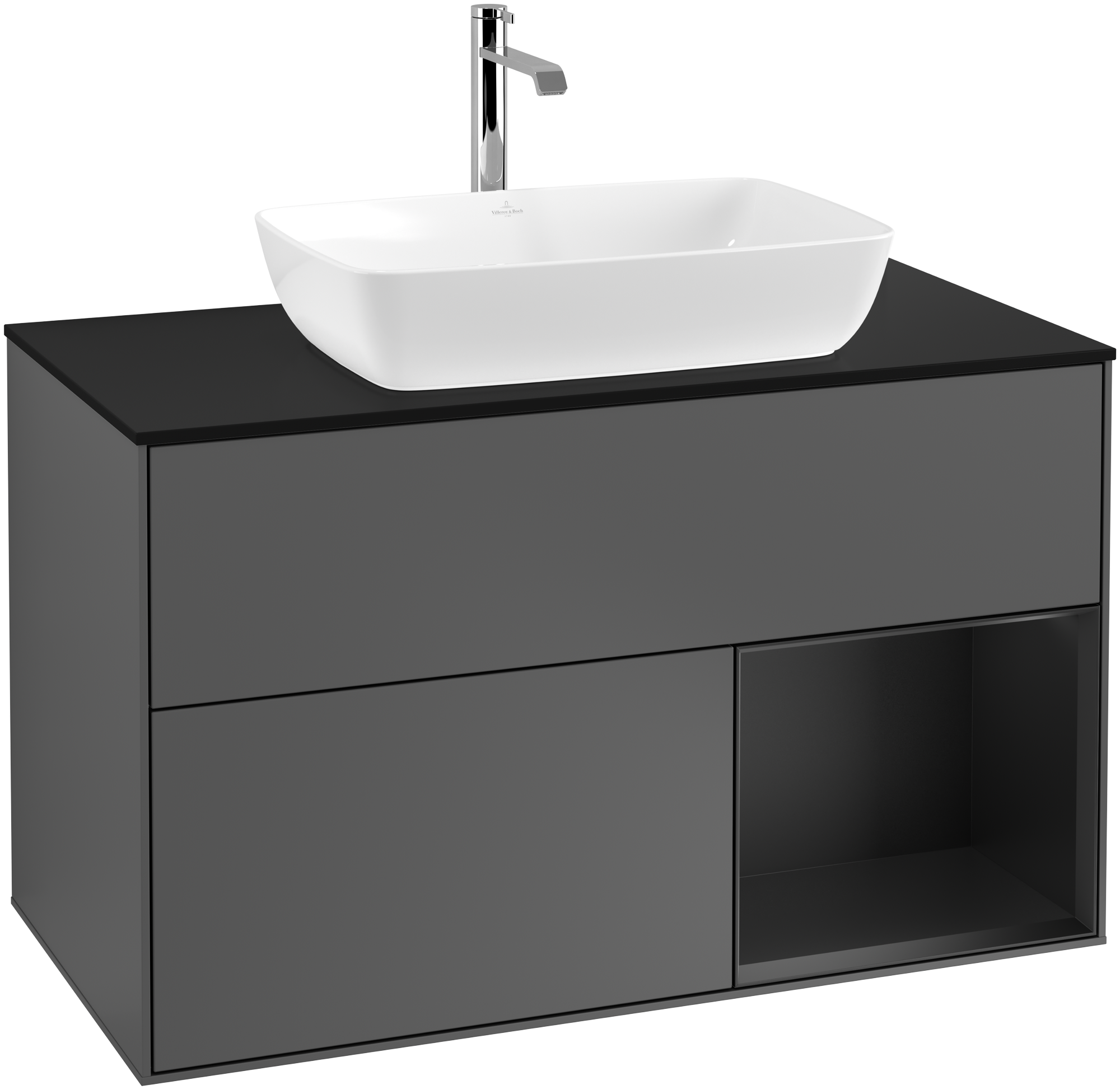 Villeroy & Boch Finion Vanity unit, with lighting, 2 pull-out compartments, 1000x603x501mm, Body: Anthracite Matt Lacquer, Front: Anthracite Matt Lacquer, Shelf: Black Matt Lacquer, Cover plate: Glass Black Matt