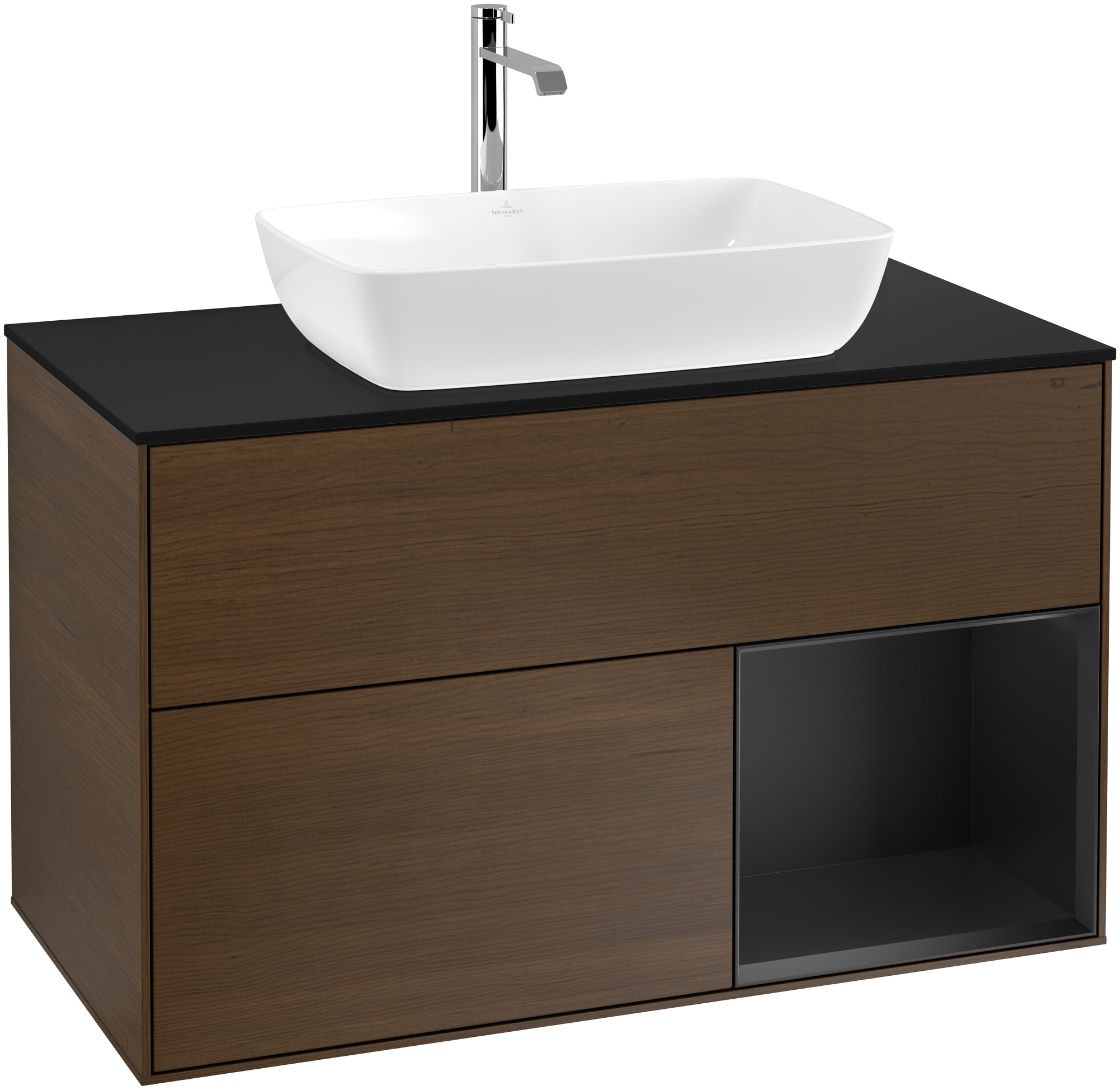 Villeroy & Boch Finion Vanity unit, with lighting, 2 pull-out compartments, 1000x603x501mm, Body: Walnut Veneer, Front: Walnut Veneer, Shelf: Black Matt Lacquer, Cover plate: Glass Black Matt