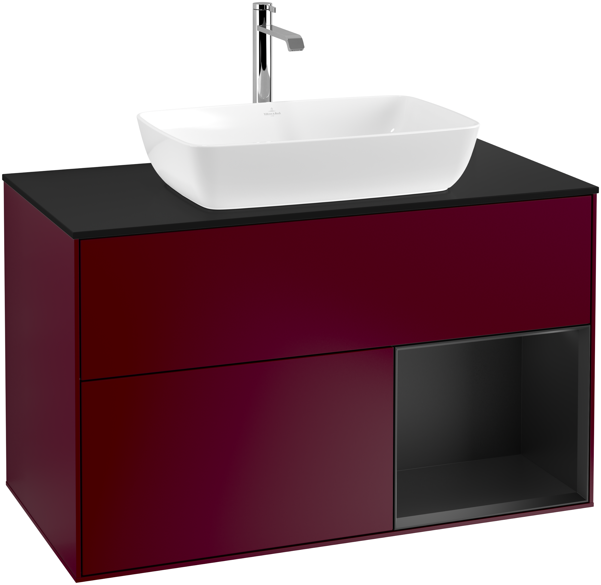 Villeroy & Boch Finion Vanity unit, with lighting, 2 pull-out compartments, 1000x603x501mm, Body: Peony Matt Lacquer, Front: Peony Matt Lacquer, Shelf: Black Matt Lacquer, Cover plate: Glass Black Matt