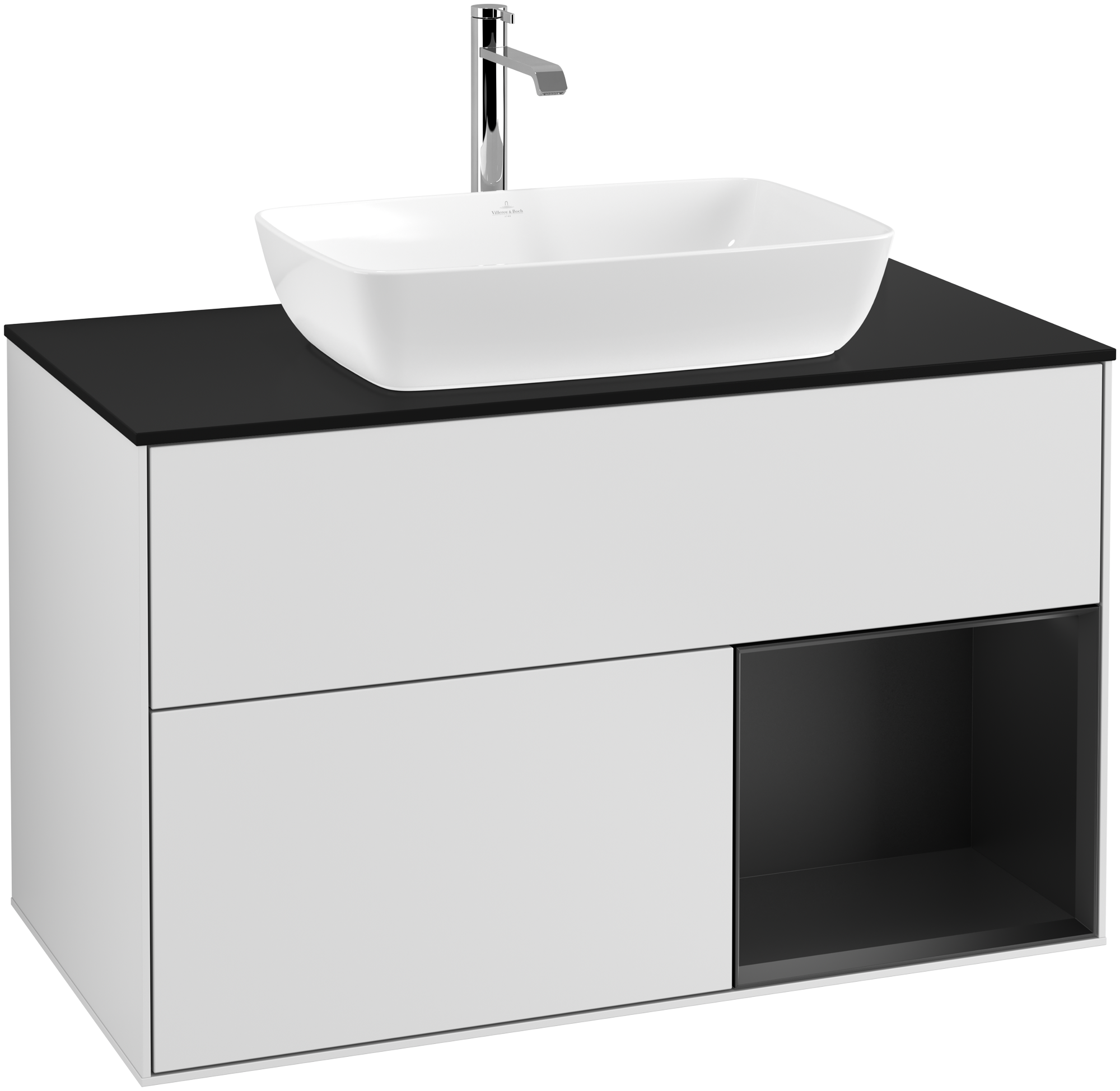 Villeroy & Boch Finion Vanity unit, with lighting, 2 pull-out compartments, 1000x603x501mm, Body: White Matt Lacquer, Front: White Matt Lacquer, Shelf: Black Matt Lacquer, Cover plate: Glass Black Matt