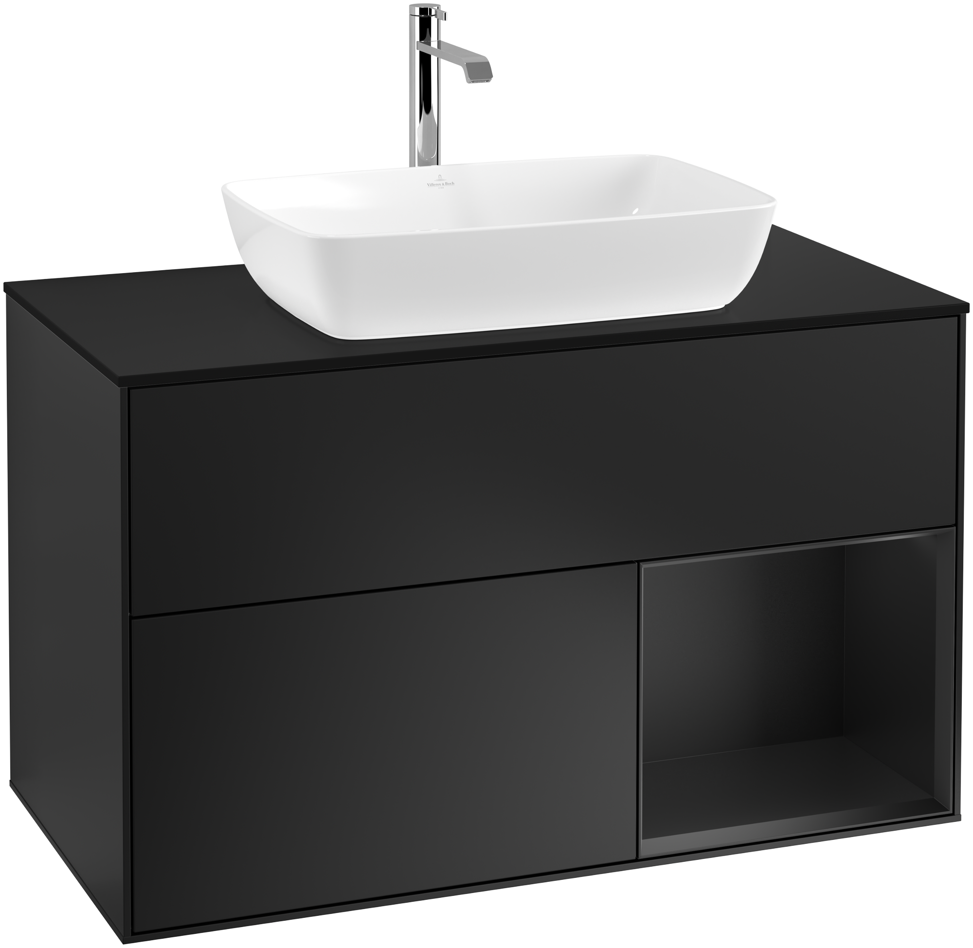 Villeroy & Boch Finion Vanity unit, with lighting, 2 pull-out compartments, 1000x603x501mm, Body: Black Matt Lacquer, Front: Black Matt Lacquer, Shelf: Black Matt Lacquer, Cover plate: Glass Black Matt