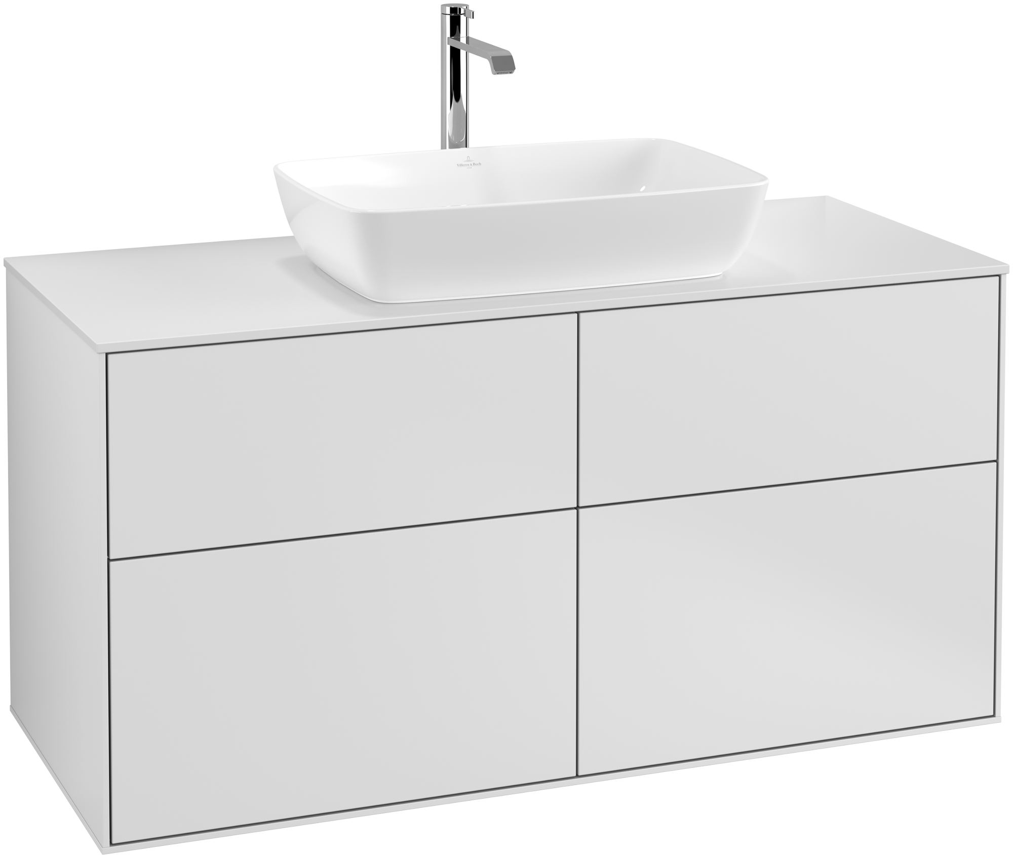 Villeroy & Boch Finion Waschbeckenunterschrank, 4 Auszüge, 1200x603x501mm, Korpus: White Matt Lacquer, Front: White Matt Lacquer, Abdeckplatte: Glass White Matt