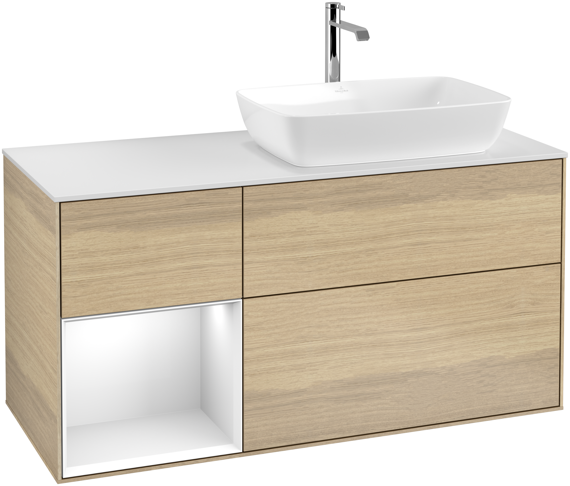 Villeroy & Boch Finion Waschbeckenunterschrank, mit Beleuchtung, 3 Auszüge, 1200x603x501mm, Korpus: Oak Veneer, Front: Oak Veneer, Regalelement: Glossy White Lacquer, Abdeckplatte: Glass White Matt