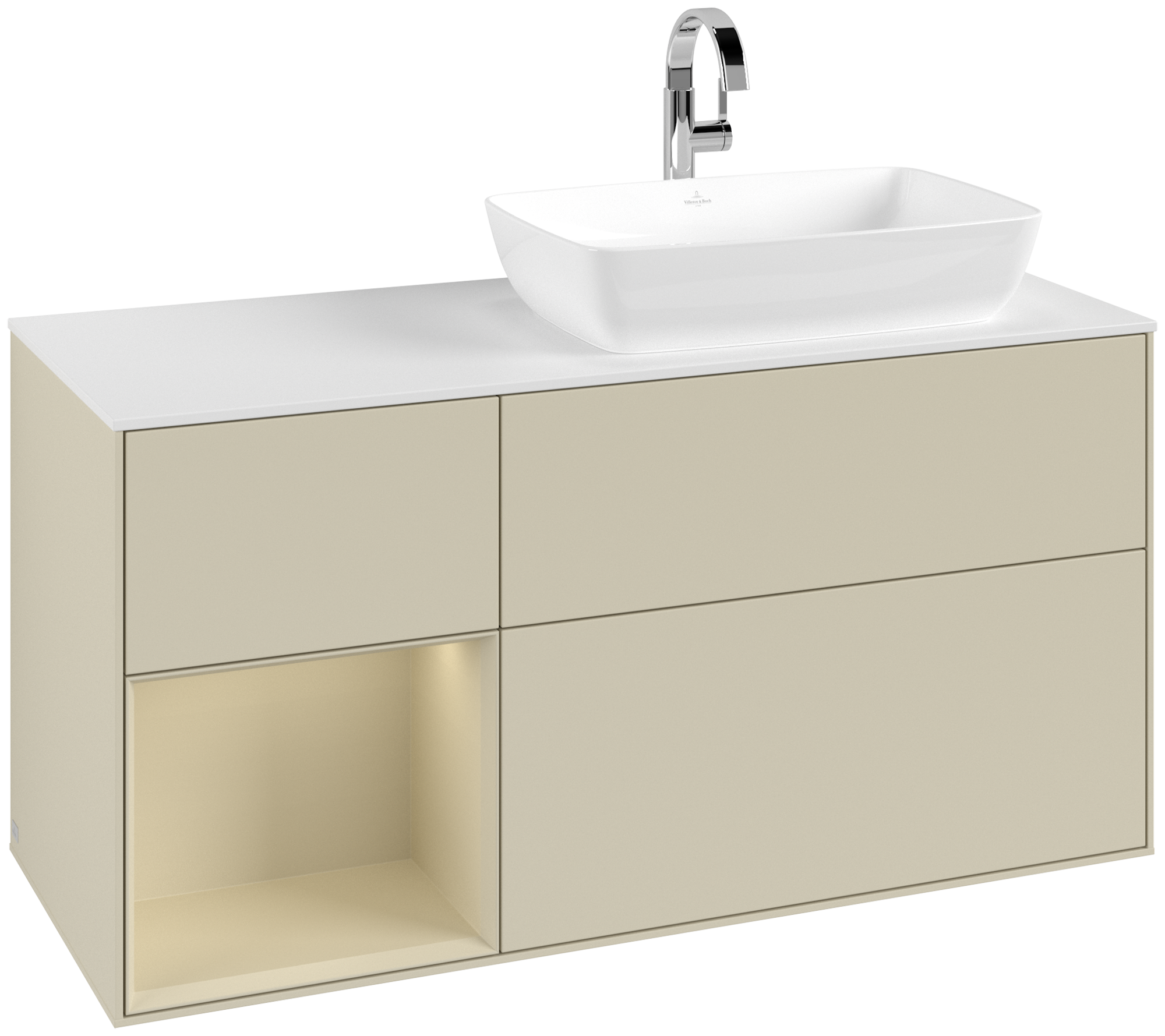 Villeroy & Boch Finion Waschbeckenunterschrank, mit Beleuchtung, 3 Auszüge, 1200x603x501mm, Korpus: Silk Grey Matt Lacquer, Front: Silk Grey Matt Lacquer, Regalelement: Silk Grey Matt Lacquer, Abdeckplatte: Glass White Matt