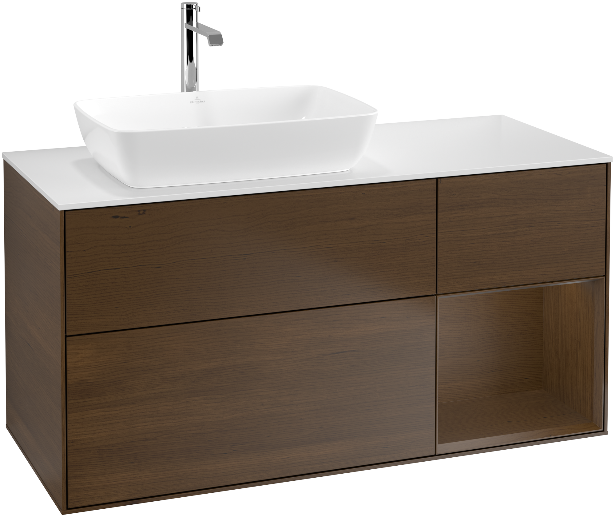 Villeroy & Boch Finion Skåp till tvättställ, med belysning, 3 utdragbara fack, 1200x603x501mm, Kropp: Walnut Veneer, Framsida: Walnut Veneer, Hylla: Walnut Veneer, Täckplatta: Glass White Matt
