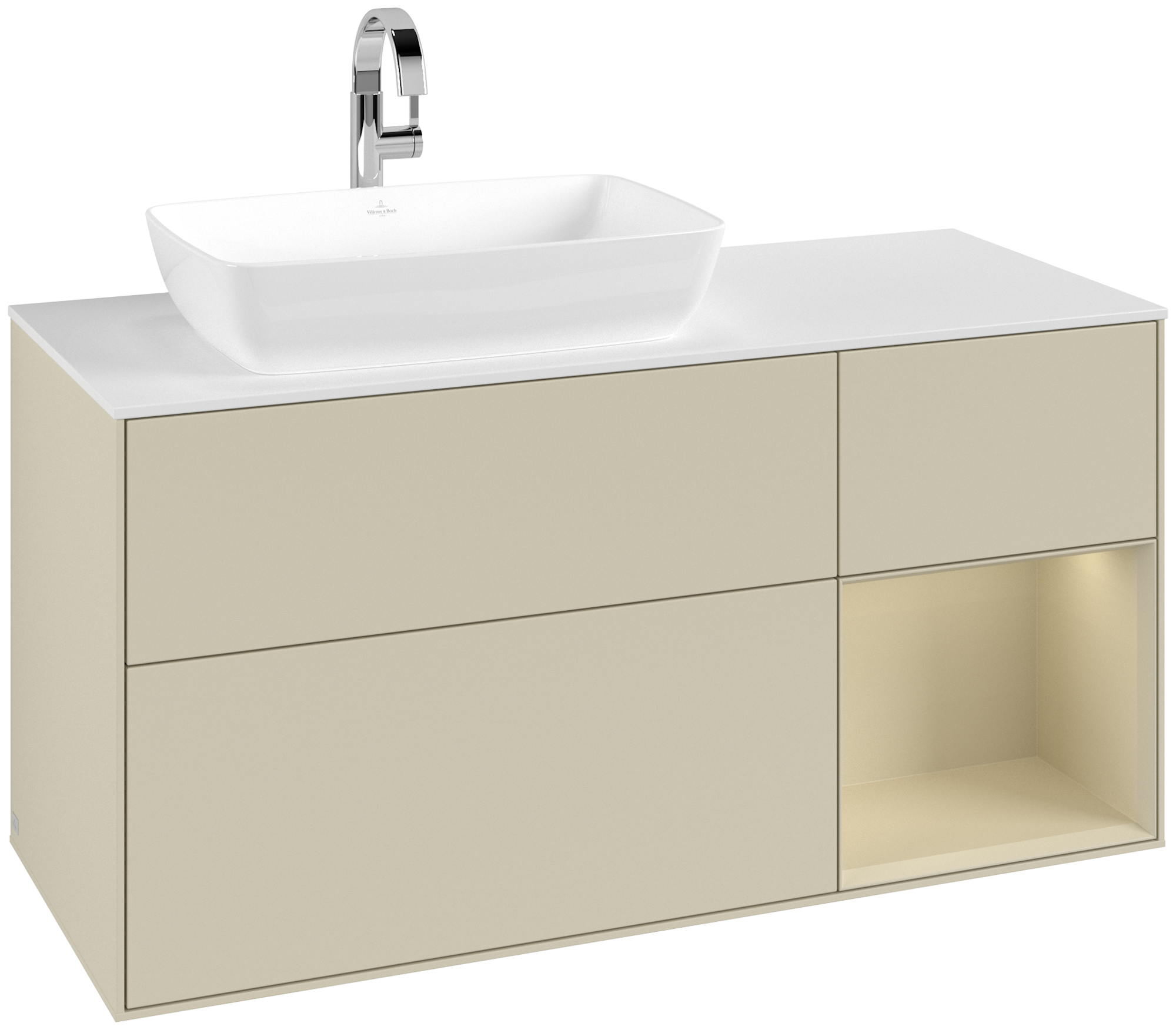 Villeroy & Boch Finion Waschbeckenunterschrank, mit Beleuchtung, 3 Auszüge, 1200x603x501mm, Korpus: Silk Grey Matt Lacquer, Front: Silk Grey Matt Lacquer, Regalelement: Silk Grey Matt Lacquer, Abdeckplatte: Glass White Matt