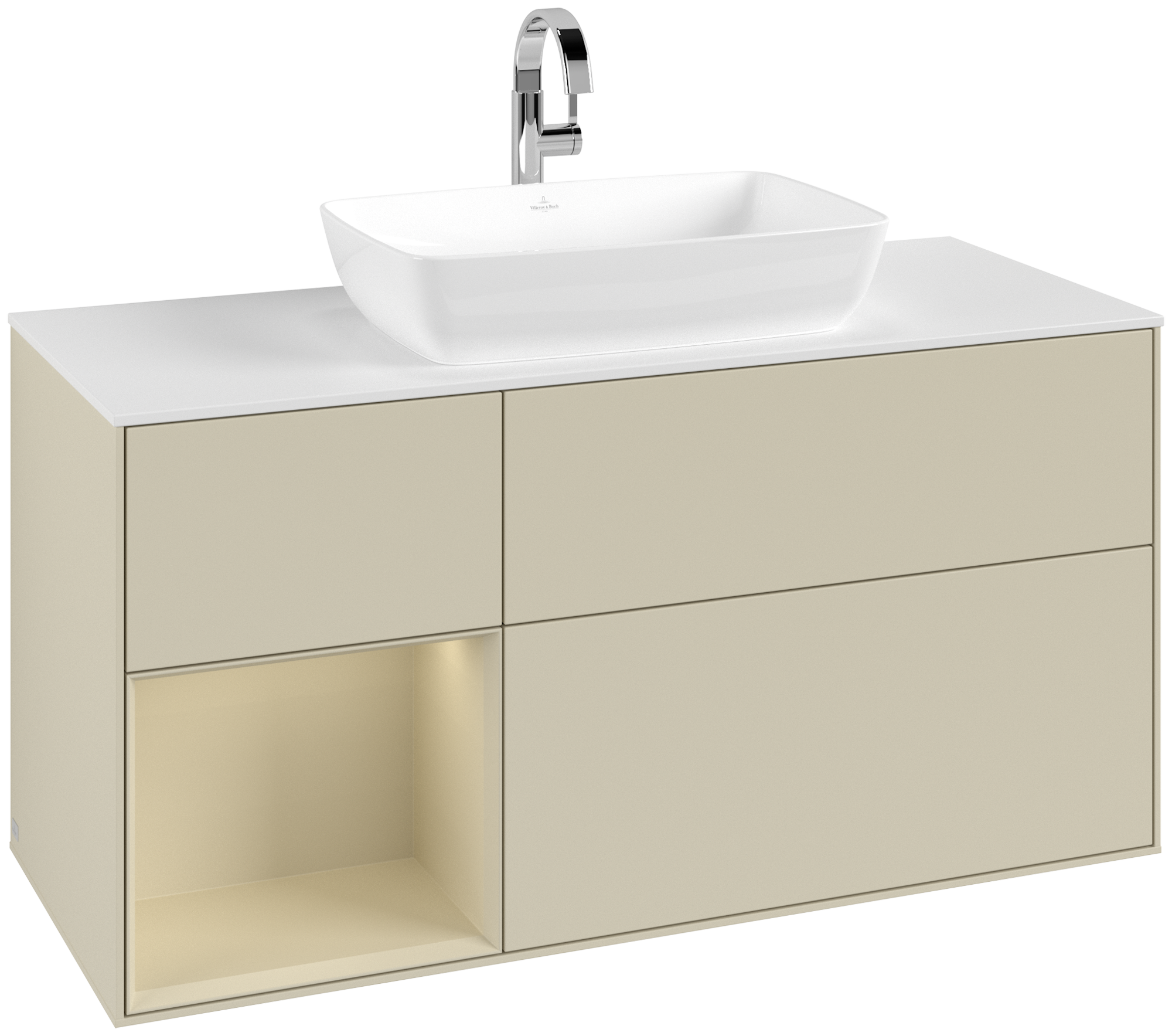 Villeroy & Boch Finion Waschbeckenunterschrank, mit Beleuchtung, 3 Auszüge, 1200x603x501mm, Korpus: Silk Grey Matt Lacquer, Front: Silk Grey Matt Lacquer, Regalelement: Silk Grey Matt Lacquer, Abdeckplatte: Glass White Matt