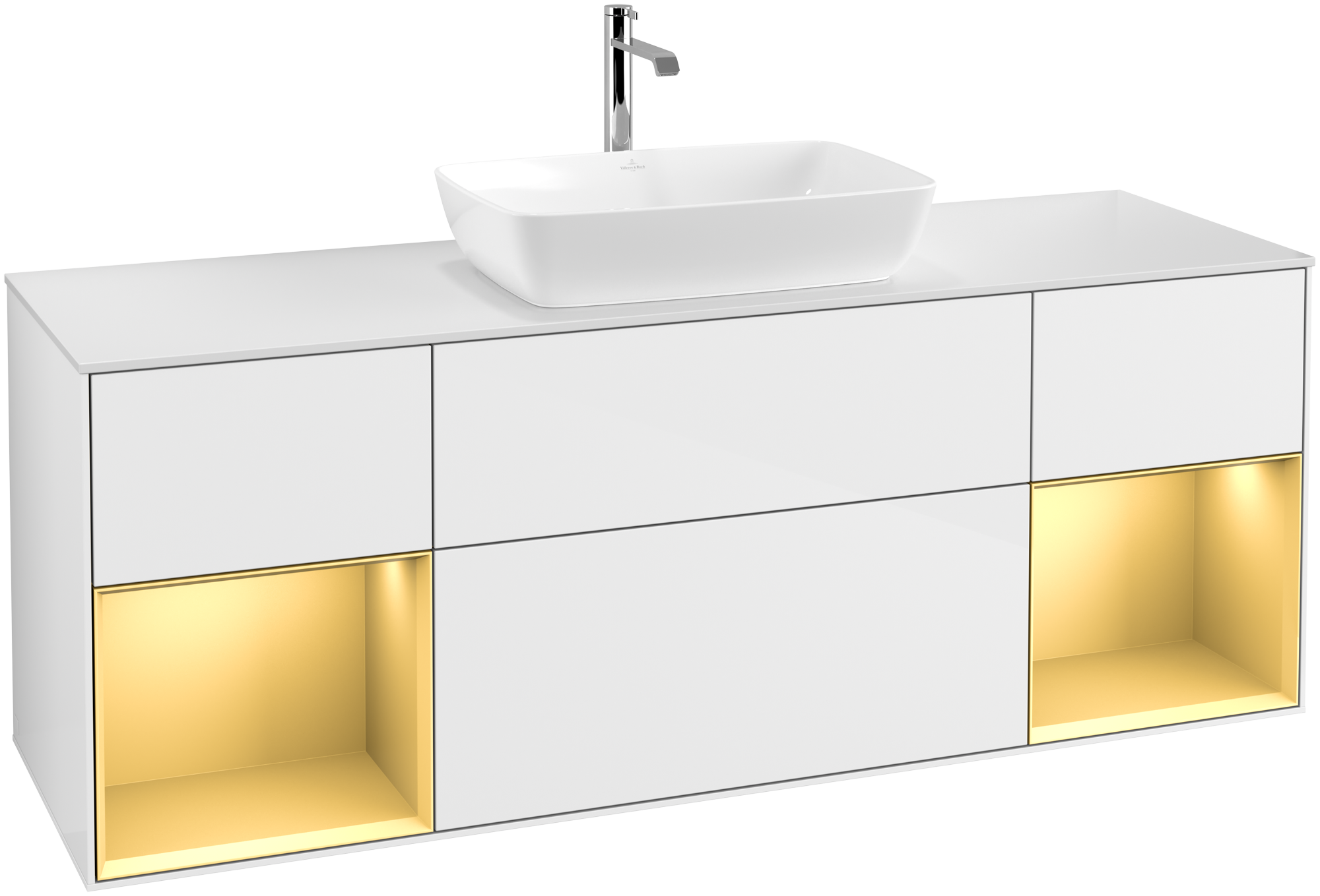 Villeroy & Boch Finion Waschbeckenunterschrank, mit Beleuchtung, 4 Auszüge, 1600x603x501mm, Korpus: Glossy White Lacquer, Front: Glossy White Lacquer, Regalelement: Gold Matt Lacquer, Abdeckplatte: Glass White Matt