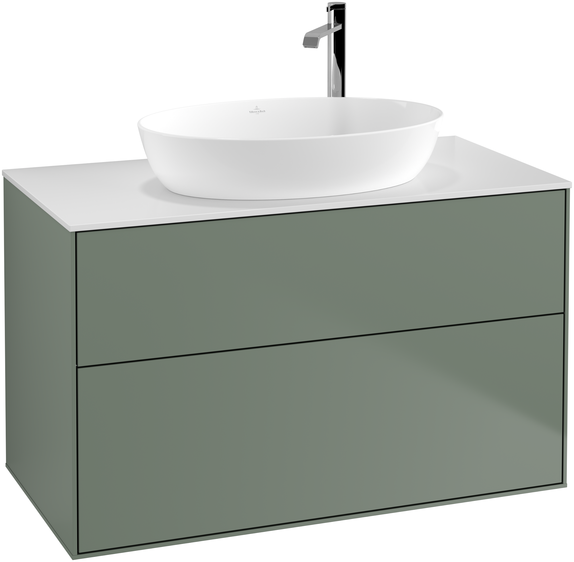 Villeroy & Boch Finion Vanity unit, 2 pull-out compartments, 1000x603x501mm, Body: Olive Matt Lacquer, Front: Olive Matt Lacquer, Cover plate: Glass White Matt