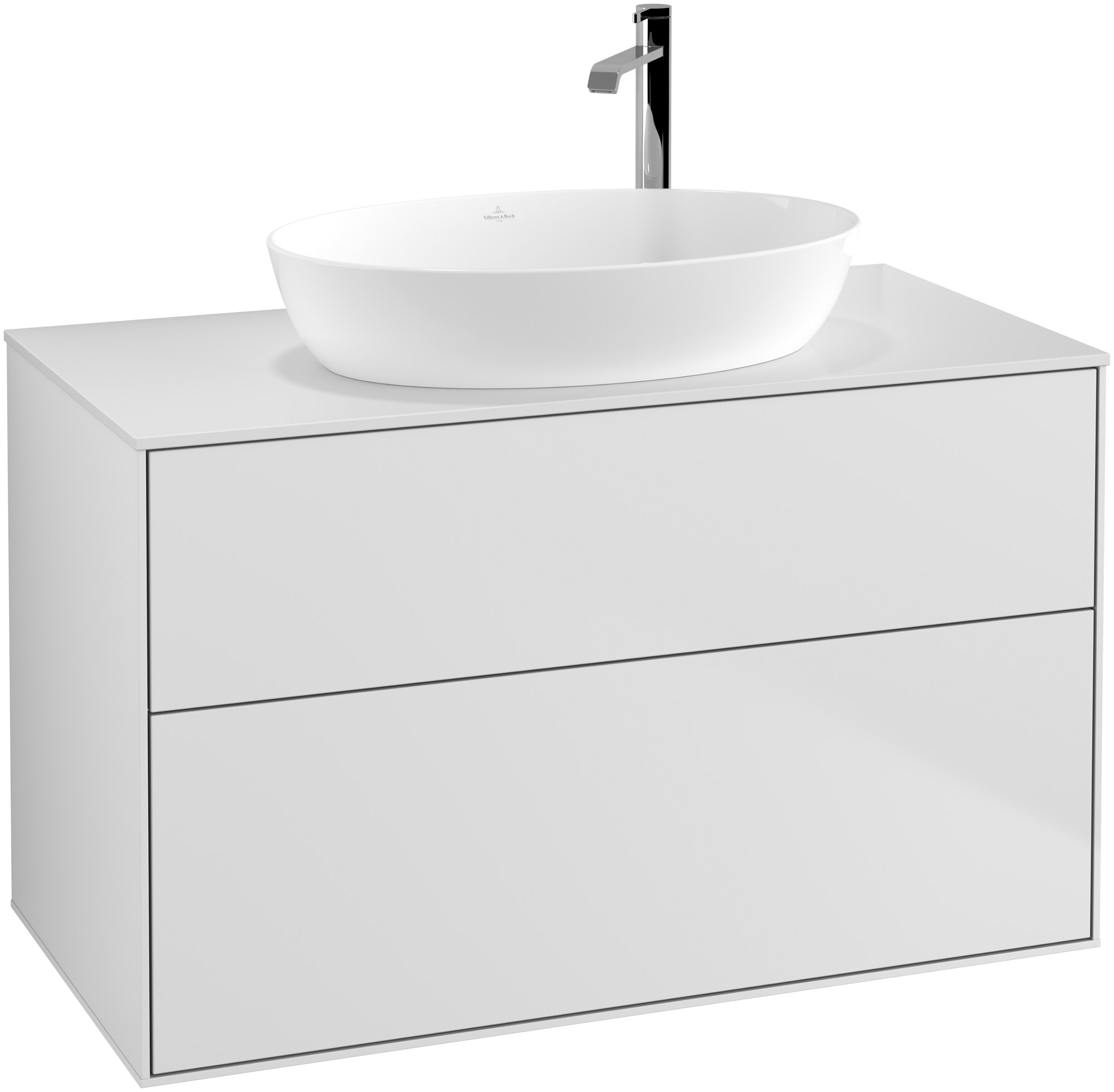 Villeroy & Boch Finion Waschbeckenunterschrank, 2 Auszüge, 1000x603x501mm, Korpus: White Matt Lacquer, Front: White Matt Lacquer, Abdeckplatte: Glass White Matt