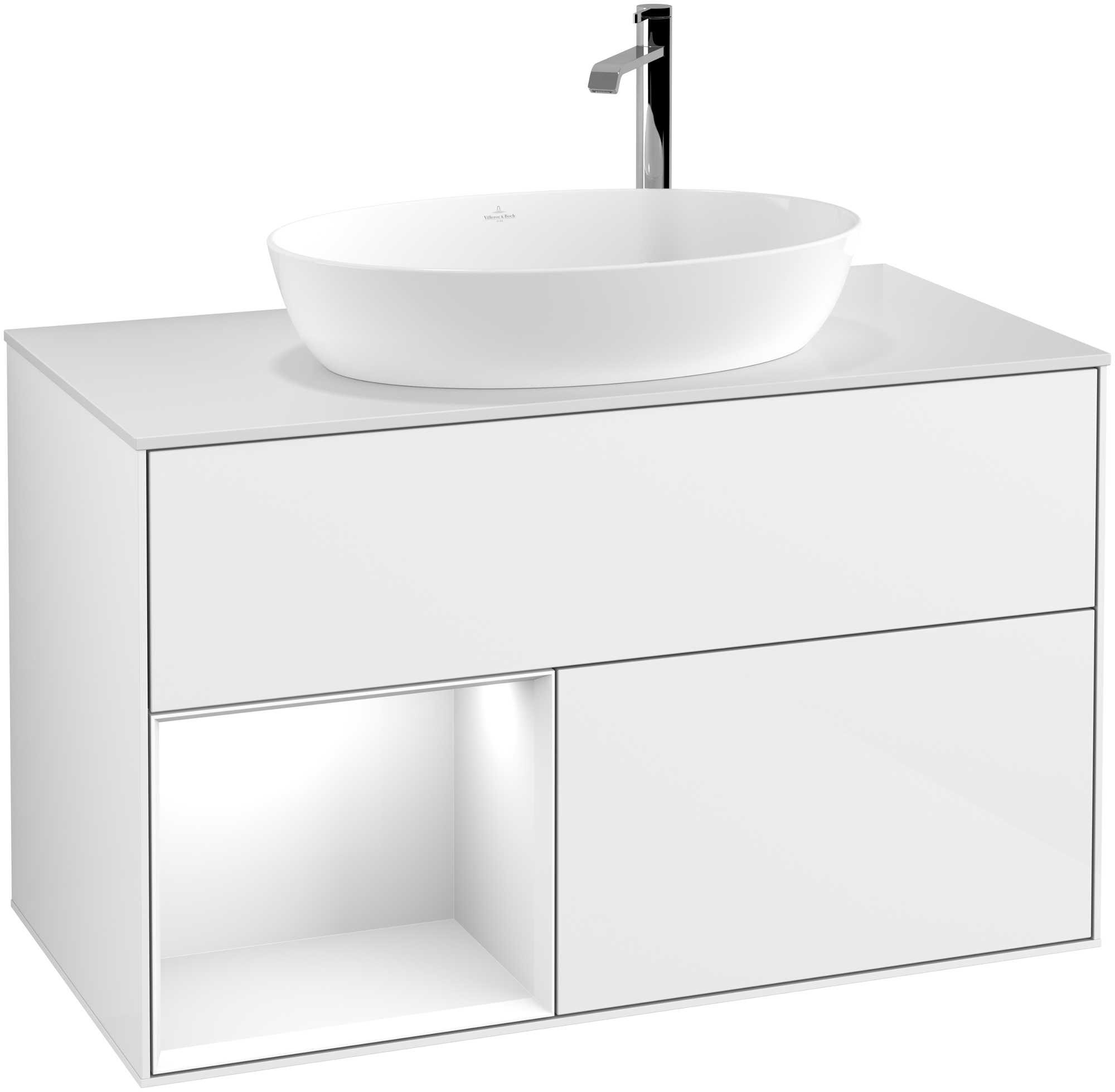 Villeroy & Boch Finion Waschbeckenunterschrank, mit Beleuchtung, 2 Auszüge, 1000x603x501mm, Korpus: Glossy White Lacquer, Front: Glossy White Lacquer, Regalelement: Glossy White Lacquer, Abdeckplatte: Glass White Matt