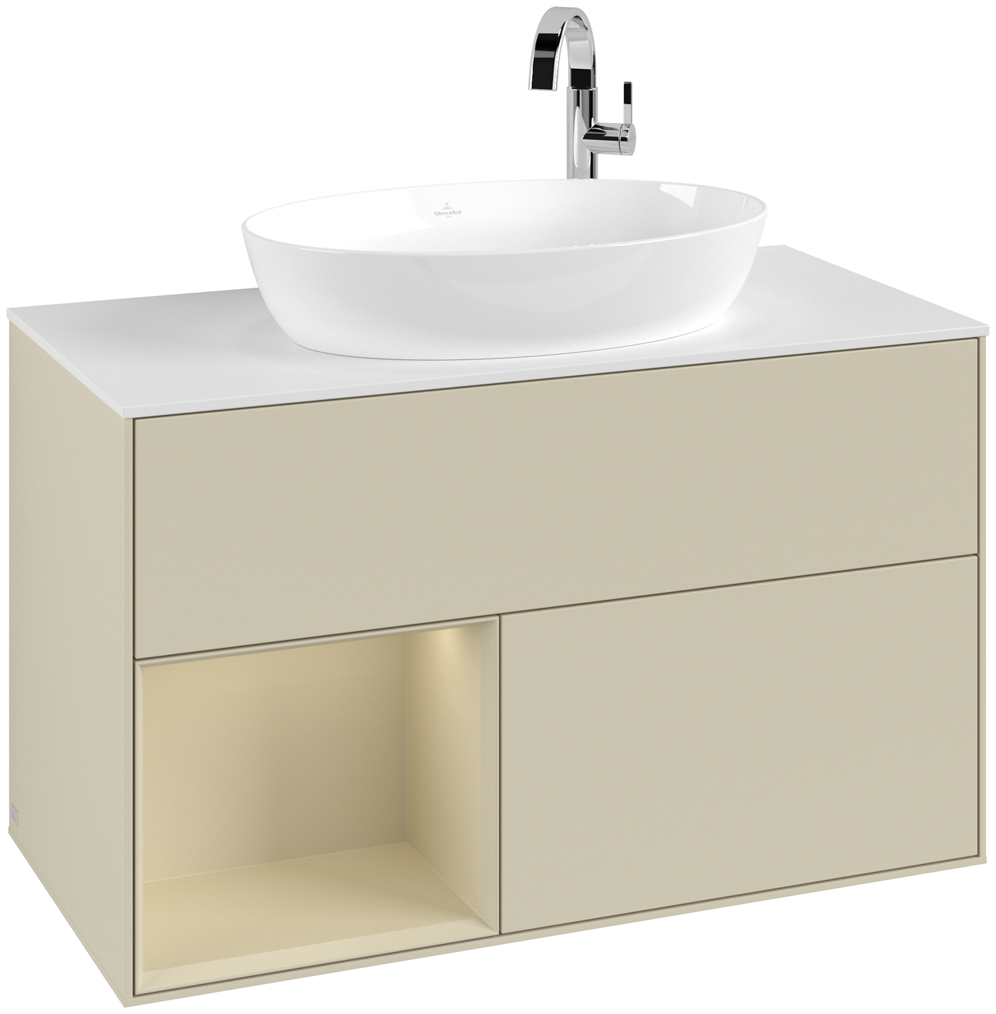 Villeroy & Boch Finion Meuble sous plan, avec éclairage, 2 tiroirs sur rails, 1000x603x501mm, Caisson: Silk Grey Matt Lacquer, Façade: Silk Grey Matt Lacquer, Élément d’étagère: Silk Grey Matt Lacquer, Plaque de recouvrement: Glass White Matt