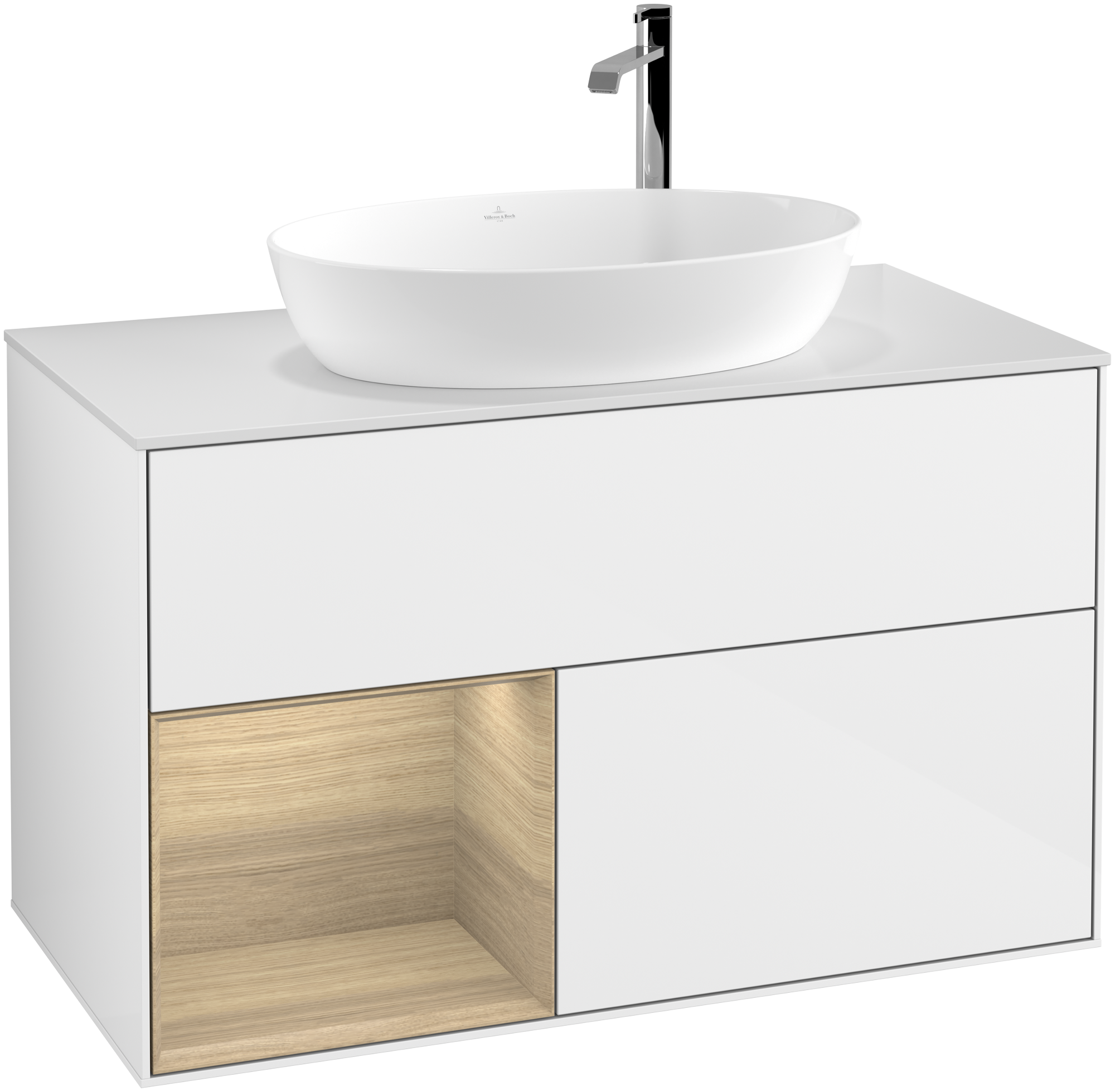 Villeroy & Boch Finion Vanity unit, with lighting, 2 pull-out compartments, 1000x603x501mm, Body: Glossy White Lacquer, Front: Glossy White Lacquer, Shelf: Oak Veneer, Cover plate: Glass White Matt