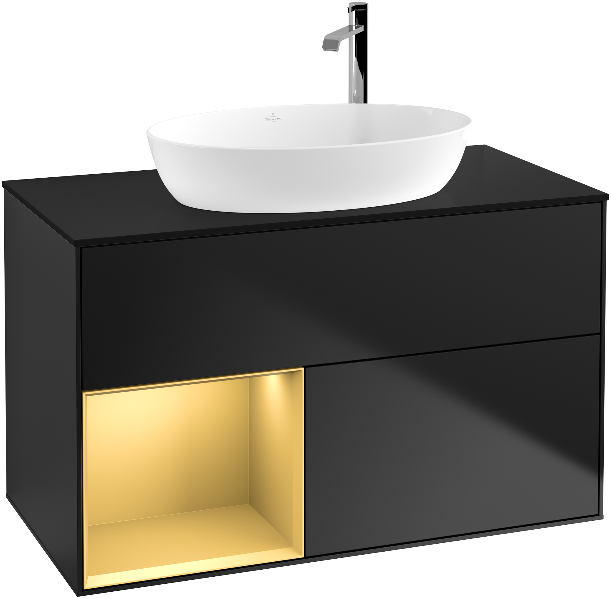 Villeroy & Boch Finion Waschbeckenunterschrank, mit Beleuchtung, 2 Auszüge, 1000x603x501mm, Korpus: Black Matt Lacquer, Front: Black Matt Lacquer, Regalelement: Gold Matt Lacquer, Abdeckplatte: Glass Black Matt