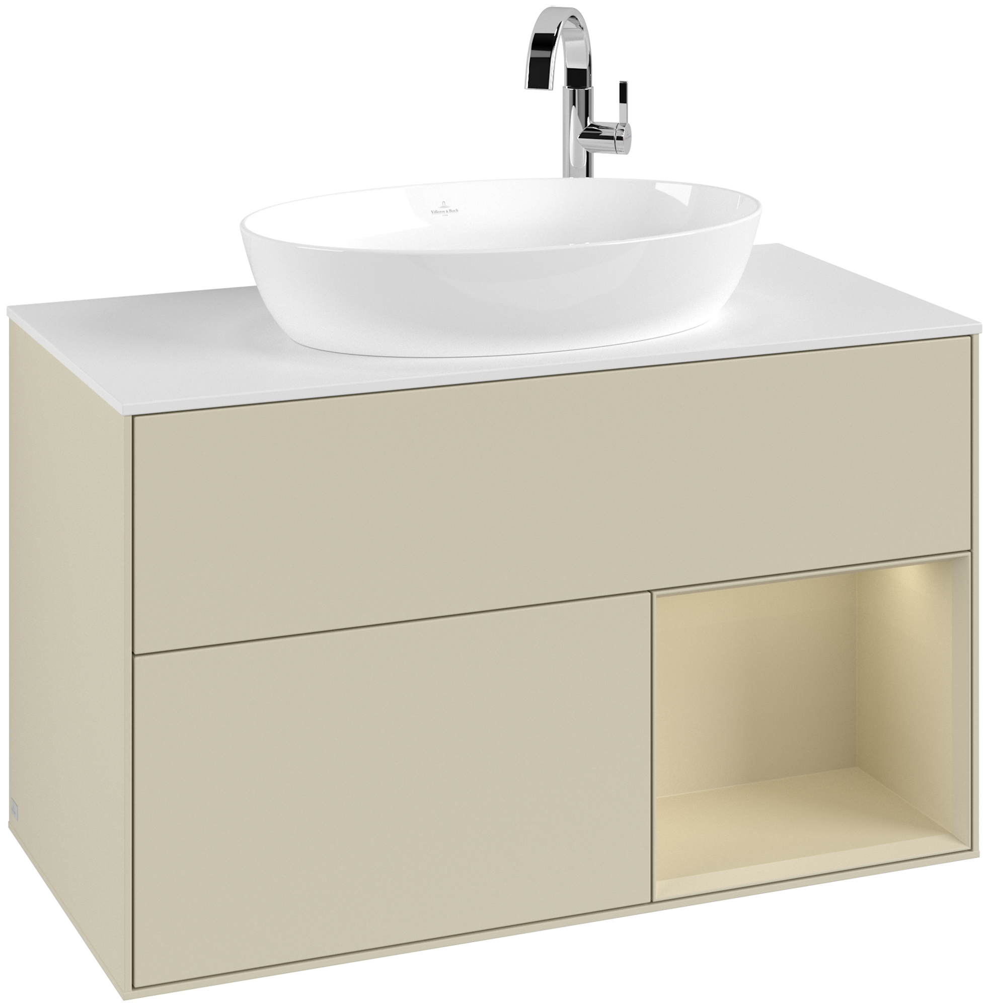 Villeroy & Boch Finion Waschbeckenunterschrank, mit Beleuchtung, 2 Auszüge, 1000x603x501mm, Korpus: Silk Grey Matt Lacquer, Front: Silk Grey Matt Lacquer, Regalelement: Silk Grey Matt Lacquer, Abdeckplatte: Glass White Matt