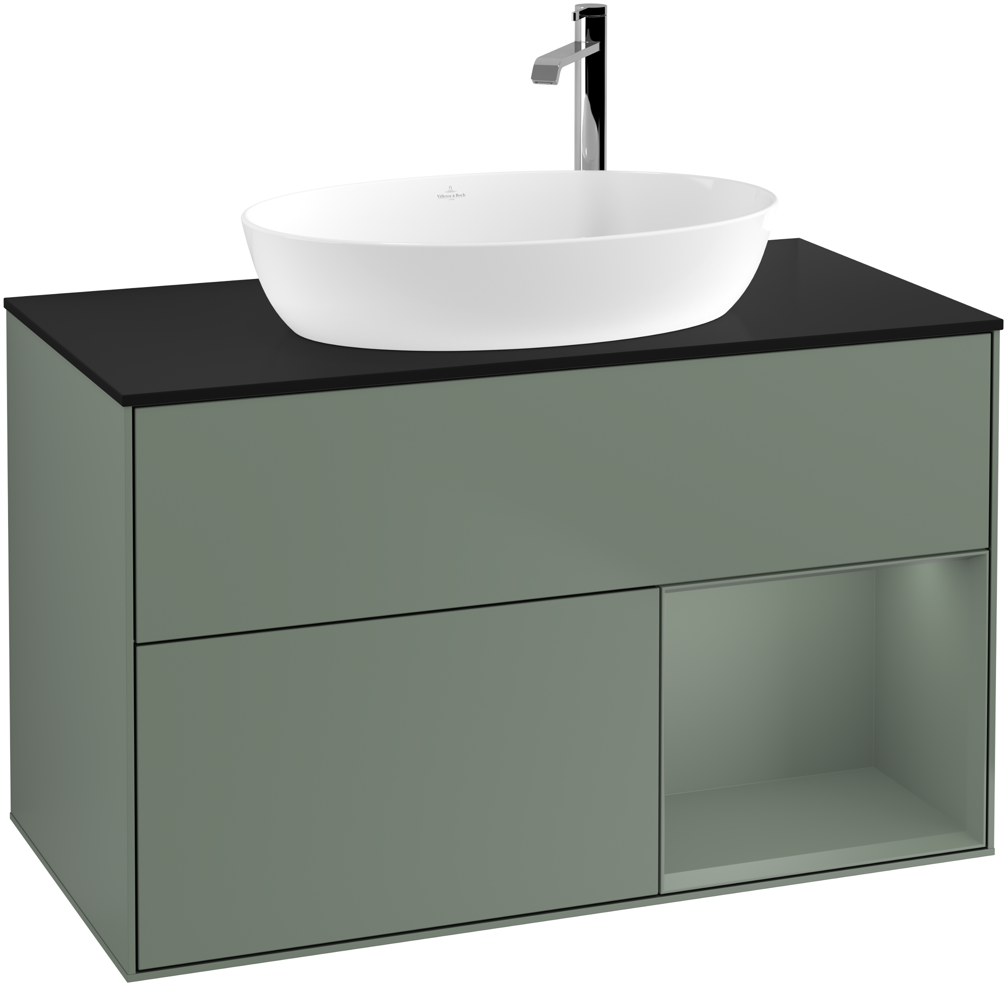 Villeroy & Boch Finion Meuble sous plan, avec éclairage, 2 tiroirs sur rails, 1000x603x501mm, Caisson: Olive Matt Lacquer, Façade: Olive Matt Lacquer, Élément d’étagère: Olive Matt Lacquer, Plaque de recouvrement: Glass Black Matt