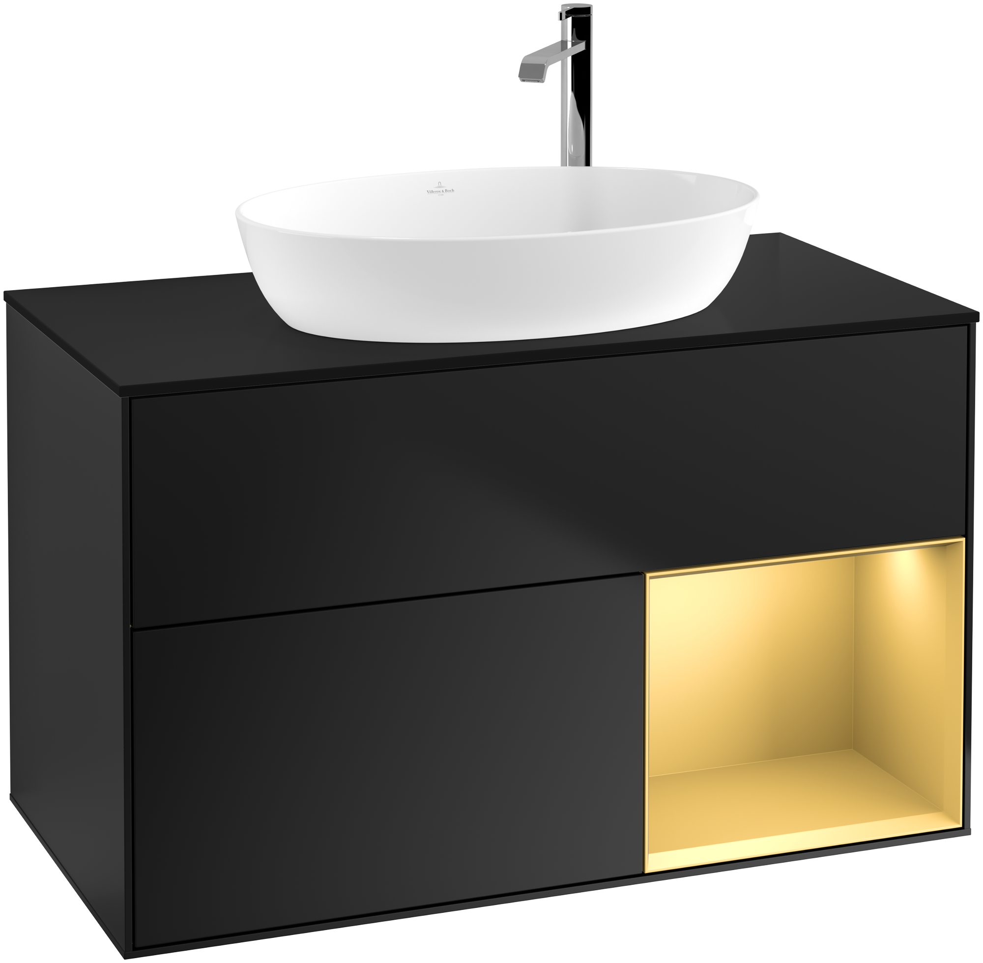 Villeroy & Boch Finion Waschbeckenunterschrank, mit Beleuchtung, 2 Auszüge, 1000x603x501mm, Korpus: Black Matt Lacquer, Front: Black Matt Lacquer, Regalelement: Gold Matt Lacquer, Abdeckplatte: Glass Black Matt