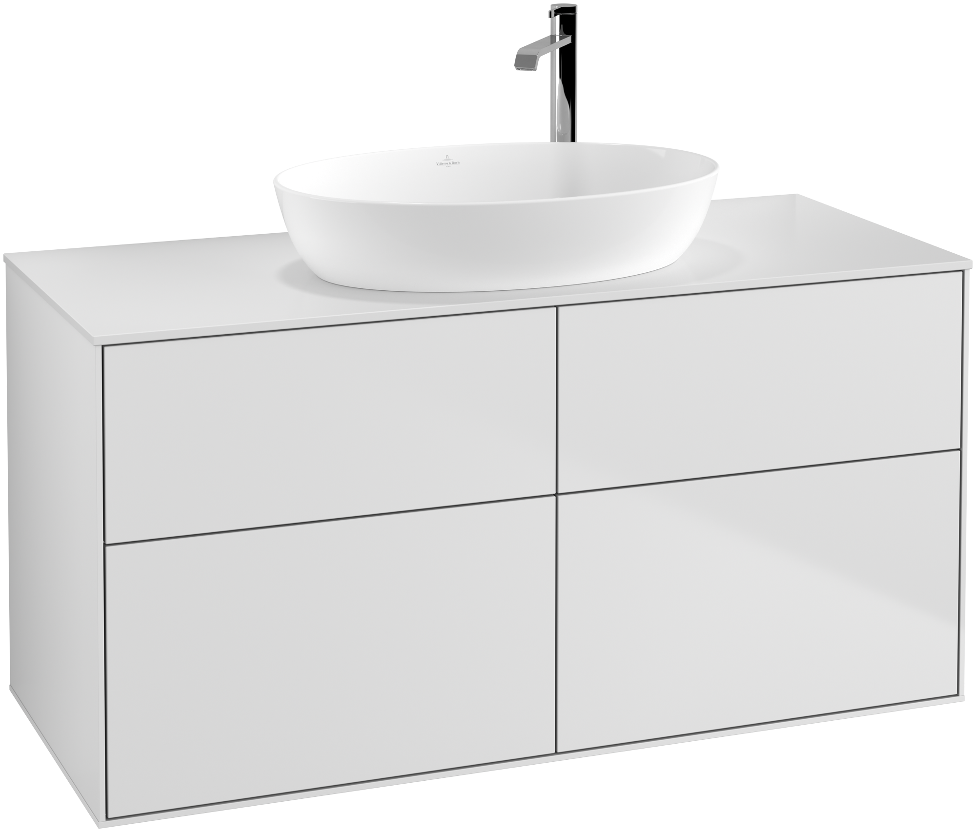 Villeroy & Boch Finion Waschbeckenunterschrank, 4 Auszüge, 1200x603x501mm, Korpus: White Matt Lacquer, Front: White Matt Lacquer, Abdeckplatte: Glass White Matt