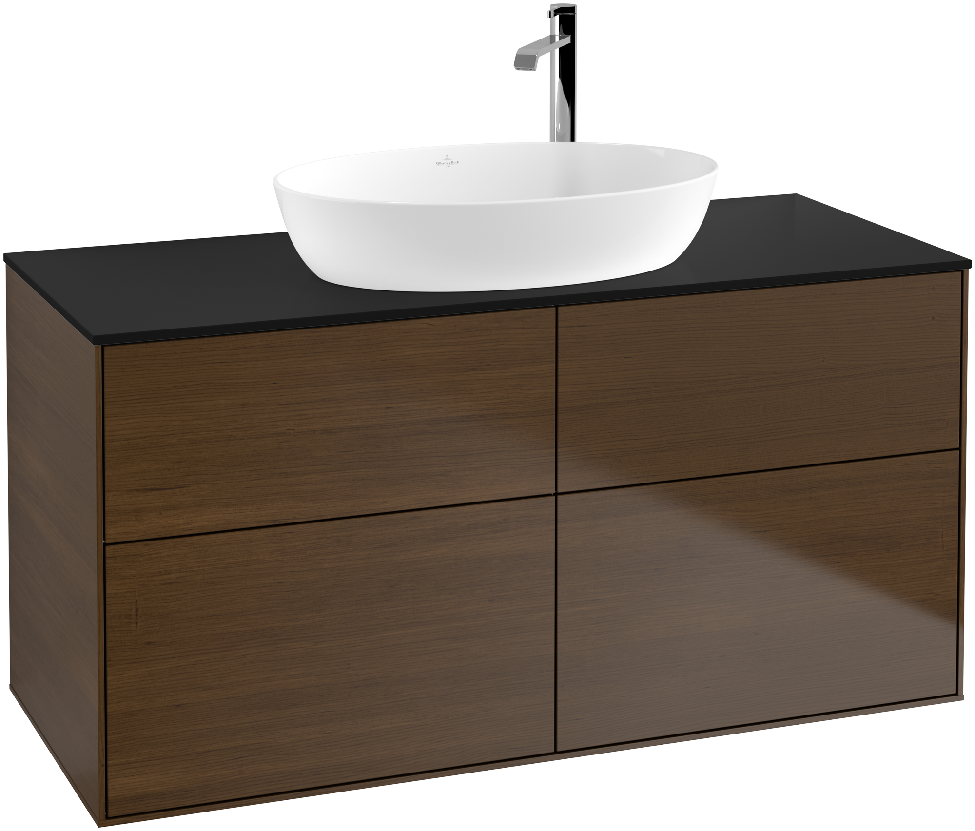 Villeroy & Boch Finion Vanity unit, 4 pull-out compartments, 1200x603x501mm, Body: Walnut Veneer, Front: Walnut Veneer, Cover plate: Glass Black Matt