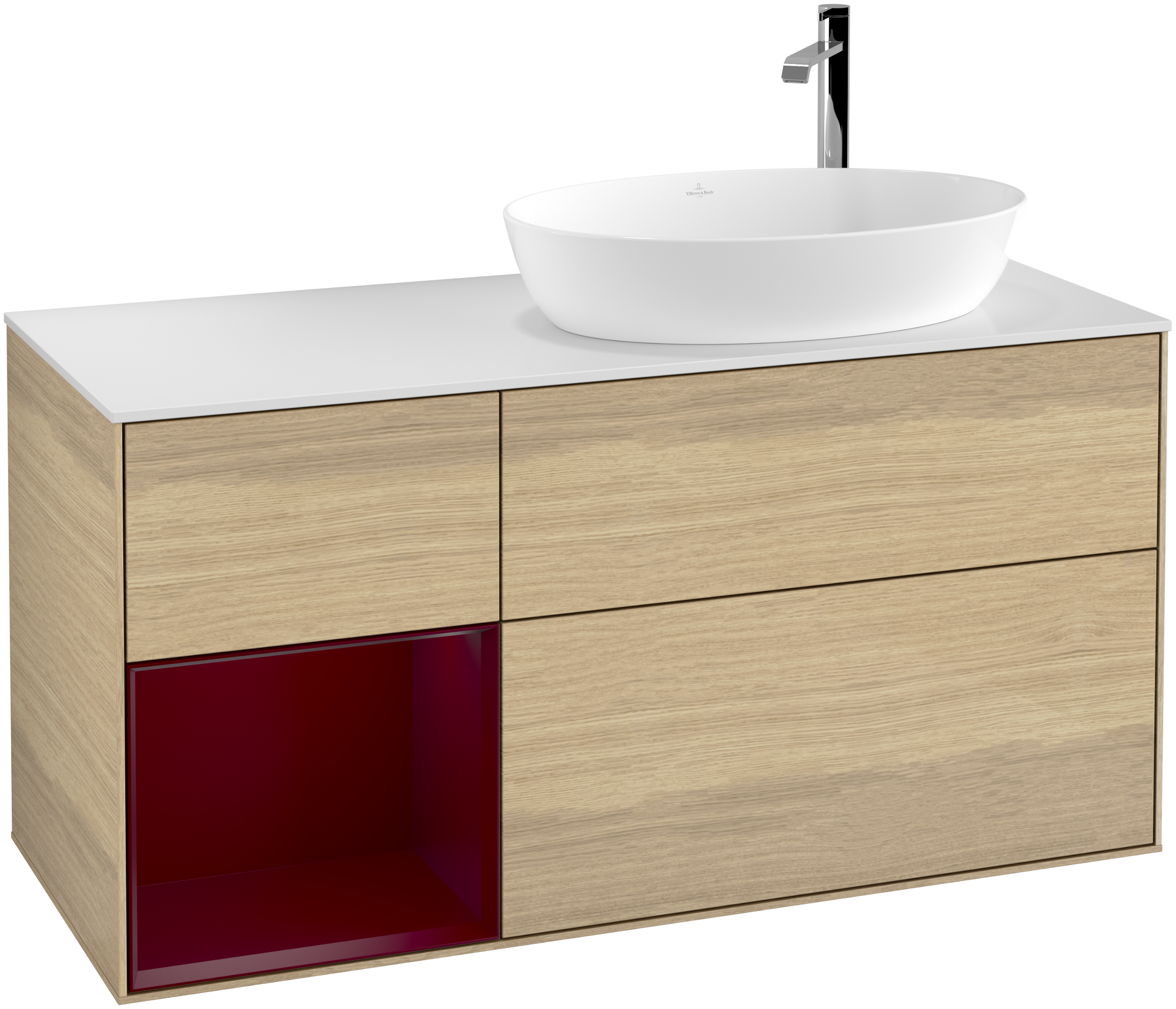 Villeroy & Boch Finion Waschbeckenunterschrank, mit Beleuchtung, 3 Auszüge, 1200x603x501mm, Korpus: Oak Veneer, Front: Oak Veneer, Regalelement: Peony Matt Lacquer, Abdeckplatte: Glass White Matt