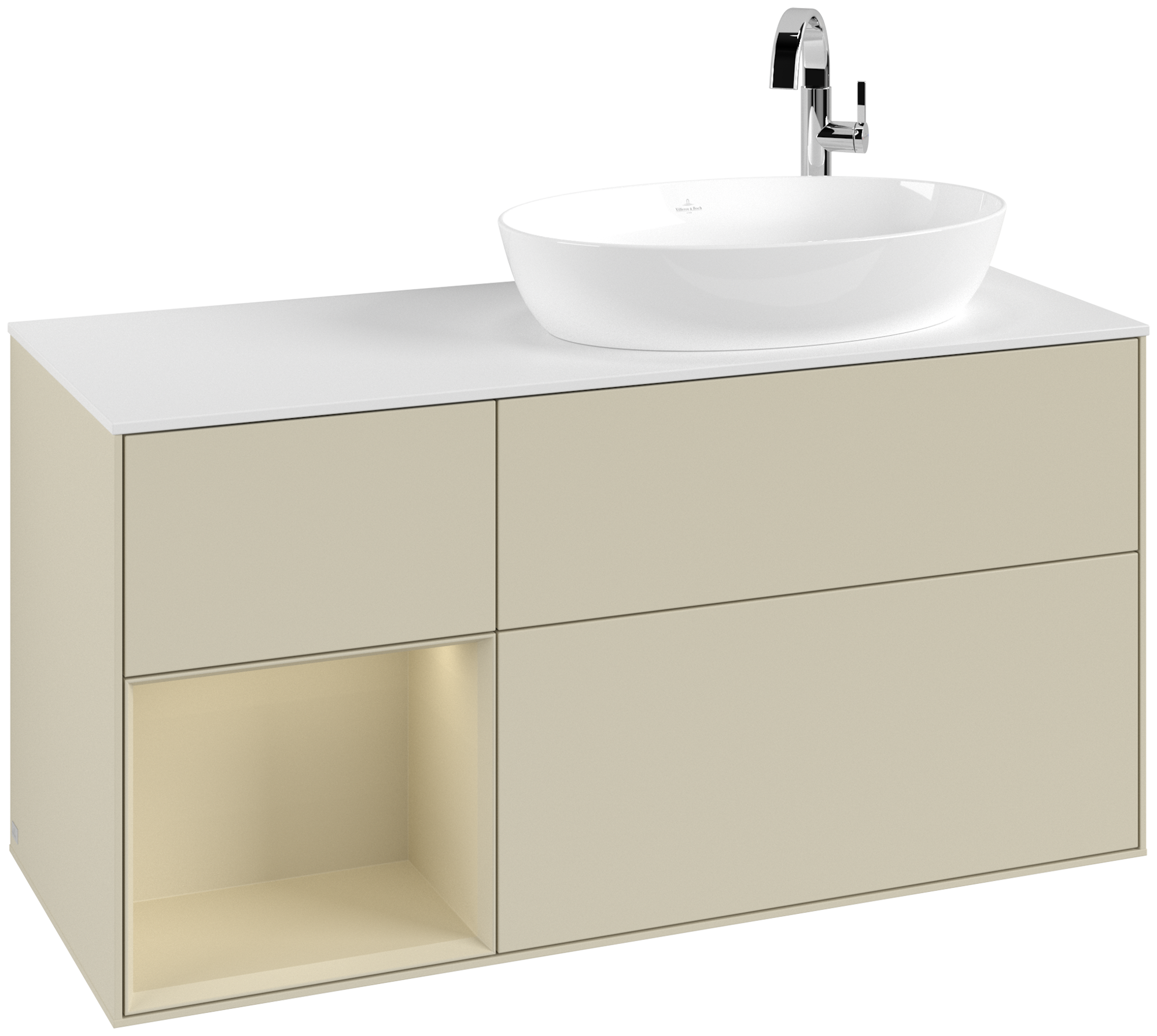 Villeroy & Boch Finion Waschbeckenunterschrank, mit Beleuchtung, 3 Auszüge, 1200x603x501mm, Korpus: Silk Grey Matt Lacquer, Front: Silk Grey Matt Lacquer, Regalelement: Silk Grey Matt Lacquer, Abdeckplatte: Glass White Matt