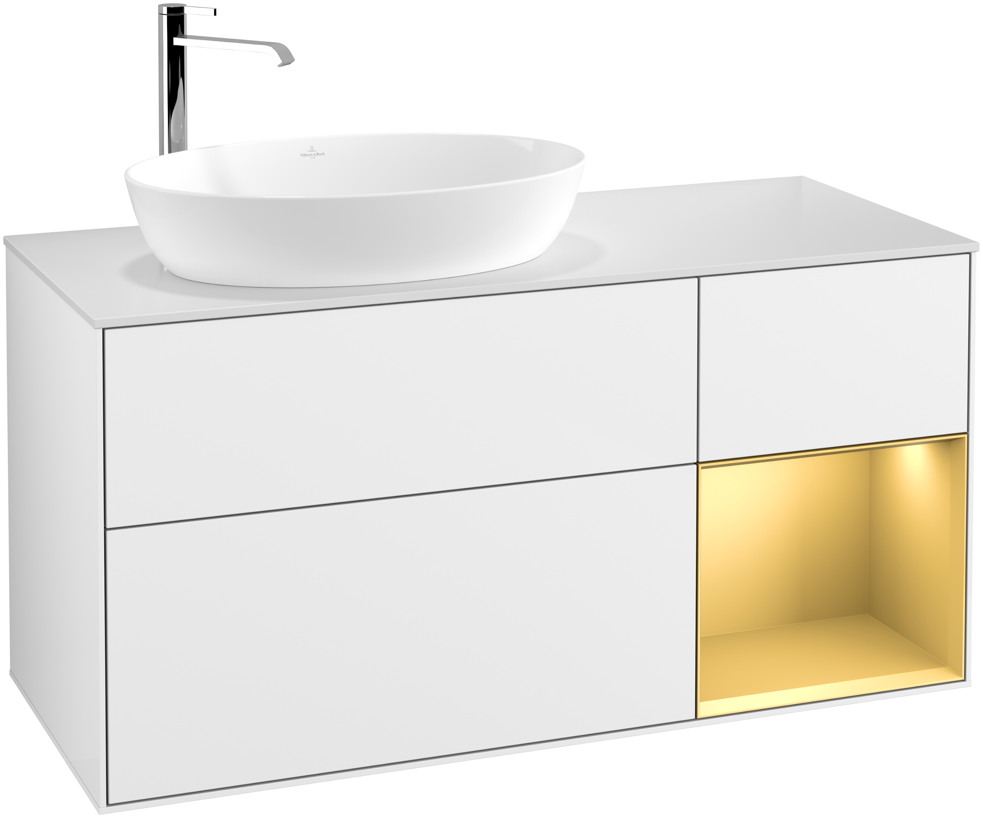 Villeroy & Boch Finion Waschbeckenunterschrank, mit Beleuchtung, 3 Auszüge, 1200x603x501mm, Korpus: Glossy White Lacquer, Front: Glossy White Lacquer, Regalelement: Gold Matt Lacquer, Abdeckplatte: Glass White Matt