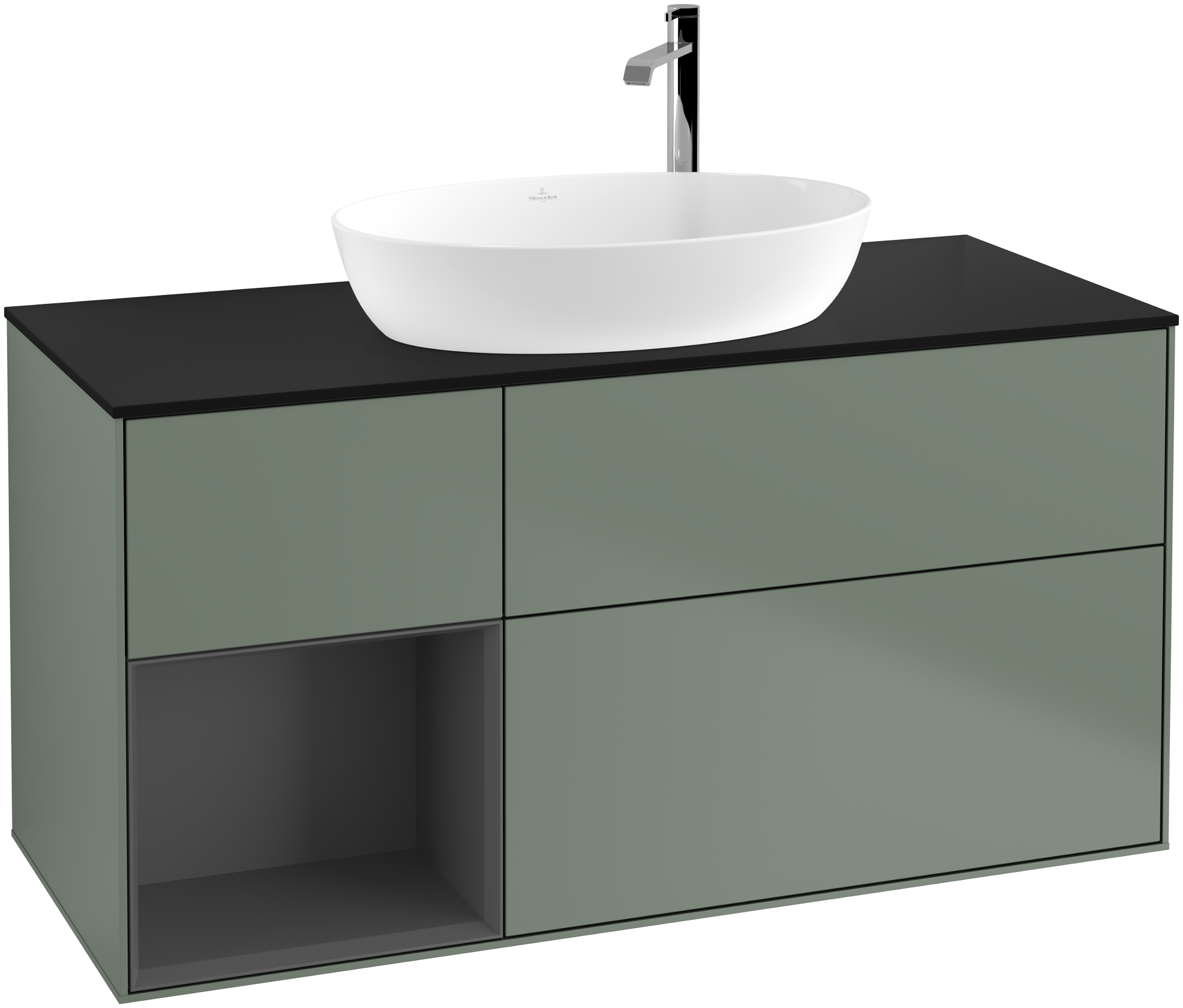 Villeroy & Boch Finion Vanity unit, with lighting, 3 pull-out compartments, 1200x603x501mm, Body: Olive Matt Lacquer, Front: Olive Matt Lacquer, Shelf: Anthracite Matt Lacquer, Cover plate: Glass Black Matt