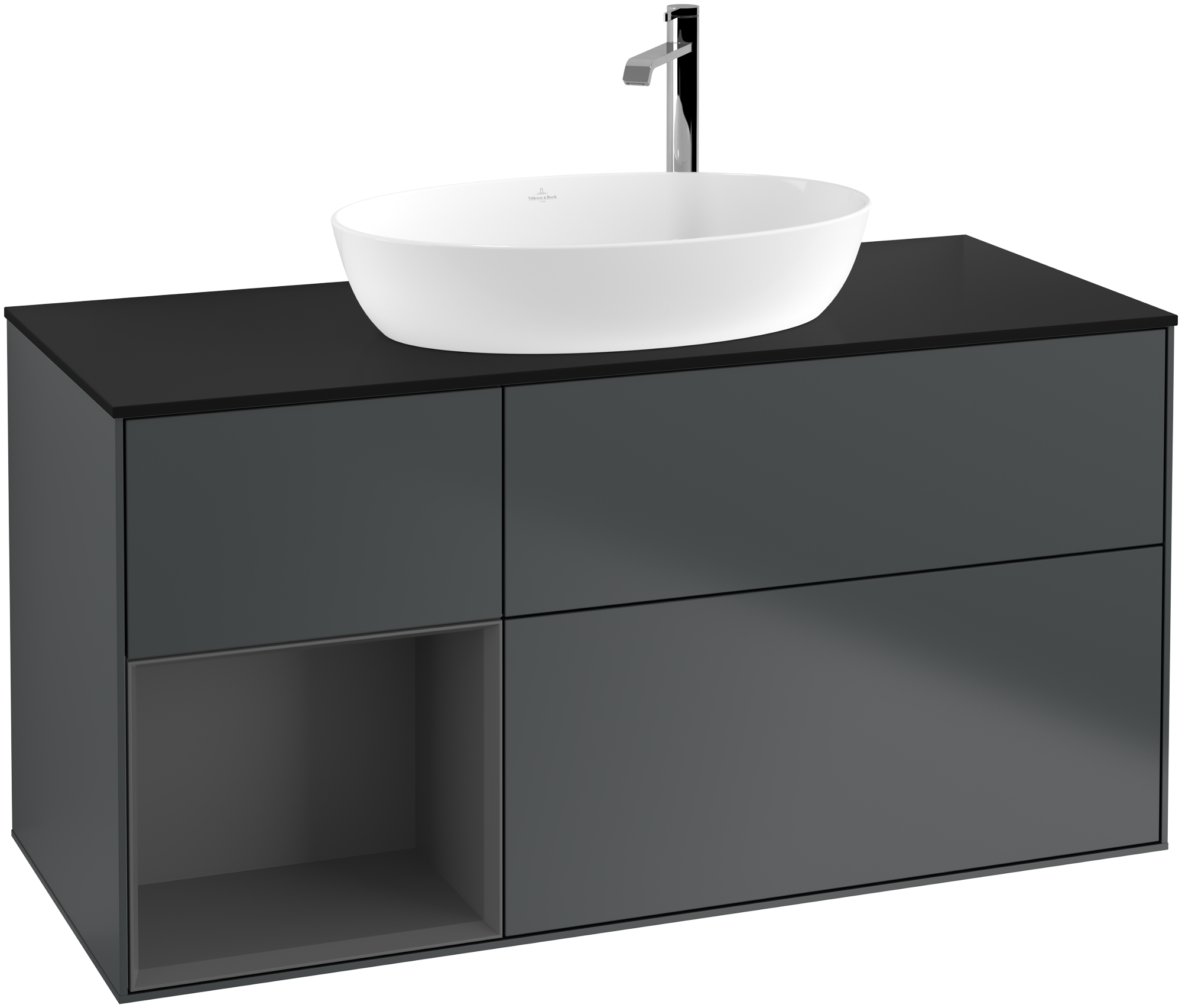 Villeroy & Boch Finion Vanity unit, with lighting, 3 pull-out compartments, 1200x603x501mm, Body: Midnight Blue Matt Lacquer, Front: Midnight Blue Matt Lacquer, Shelf: Anthracite Matt Lacquer, Cover plate: Glass Black Matt