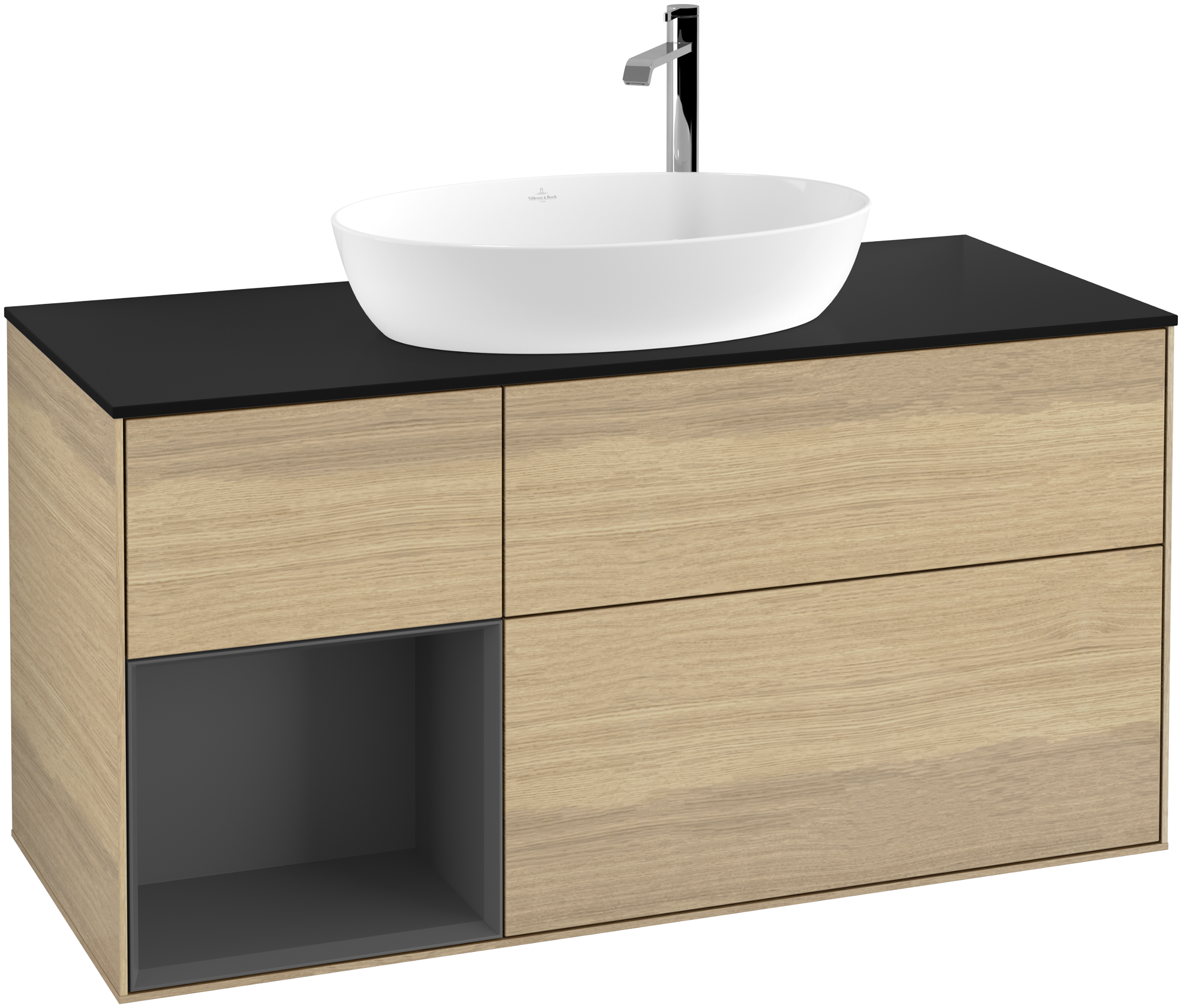 Villeroy & Boch Finion Vanity unit, with lighting, 3 pull-out compartments, 1200x603x501mm, Body: Oak Veneer, Front: Oak Veneer, Shelf: Anthracite Matt Lacquer, Cover plate: Glass Black Matt
