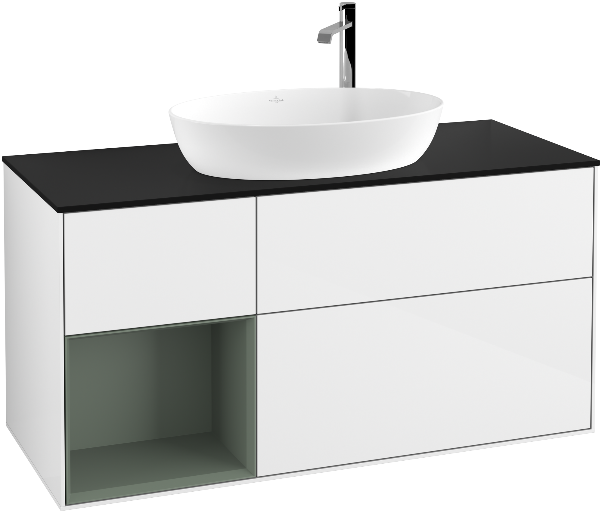 Villeroy & Boch Finion Vanity unit, with lighting, 3 pull-out compartments, 1200x603x501mm, Body: Glossy White Lacquer, Front: Glossy White Lacquer, Shelf: Olive Matt Lacquer, Cover plate: Glass Black Matt