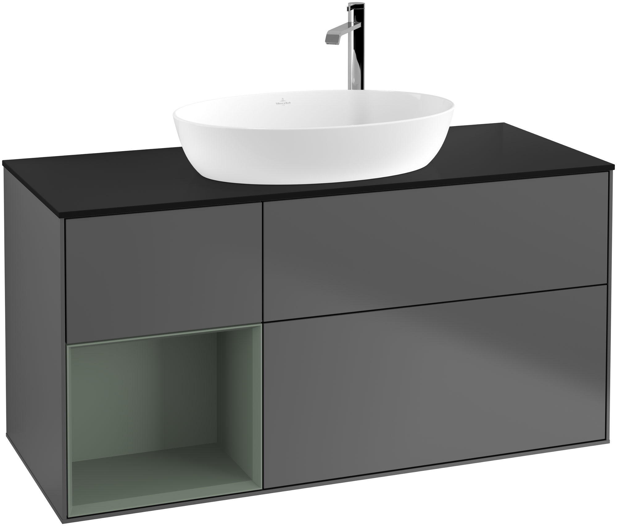 Villeroy & Boch Finion Vanity unit, with lighting, 3 pull-out compartments, 1200x603x501mm, Body: Anthracite Matt Lacquer, Front: Anthracite Matt Lacquer, Shelf: Olive Matt Lacquer, Cover plate: Glass Black Matt