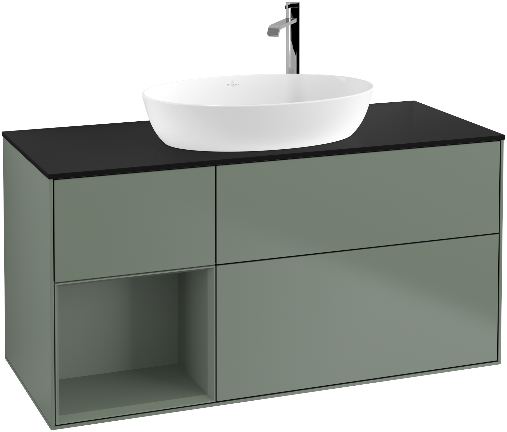 Villeroy & Boch Finion Vanity unit, with lighting, 3 pull-out compartments, 1200x603x501mm, Body: Olive Matt Lacquer, Front: Olive Matt Lacquer, Shelf: Olive Matt Lacquer, Cover plate: Glass Black Matt
